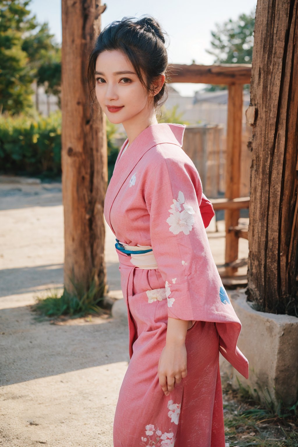 1girl, black hair, full body, standing, smiling, detailed eyes, (black hair:1.3), (kimono:1.2), (smiling:1.1), beautiful, elegant, peaceful expression, natural light, serene background, traditional Japanese setting, realistic, depth of field, ambient light, wide-angle lens, best quality, masterpiece