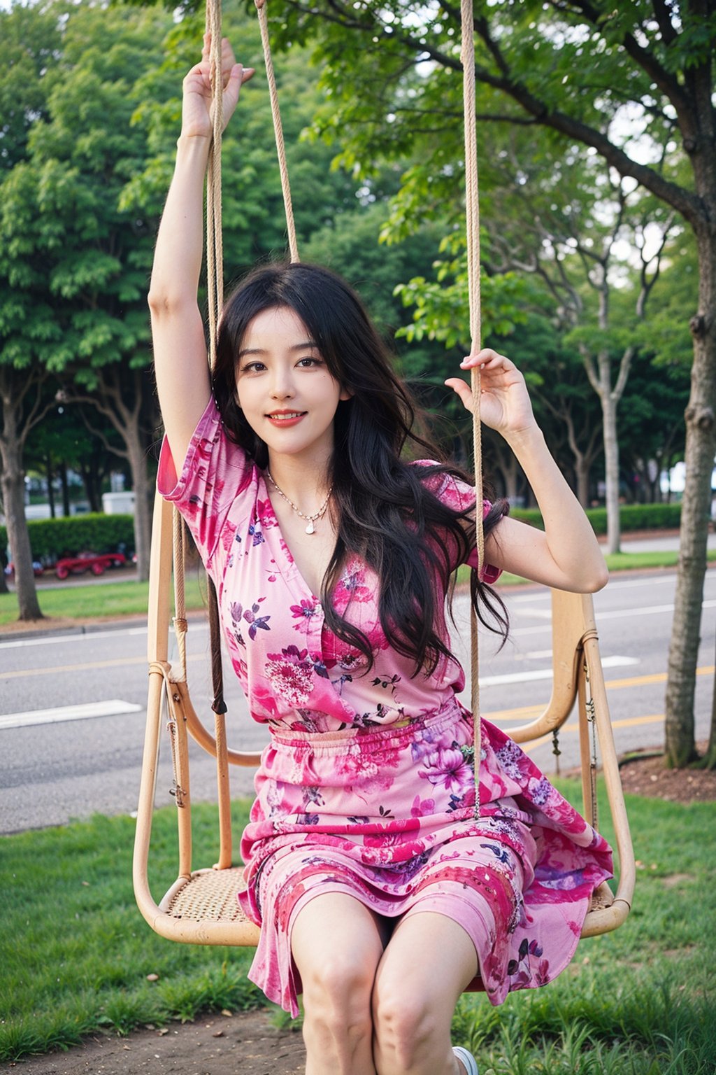 1girl, beautiful, black hair, long hair, swinging on a swing, park setting, green trees, sunny day, floral dress, white socks, pink sneakers, carefree expression, laughter, wind blowing hair, detailed skin texture, (joyful:1.2), vibrant colors, dynamic motion blur, best quality, masterpiece