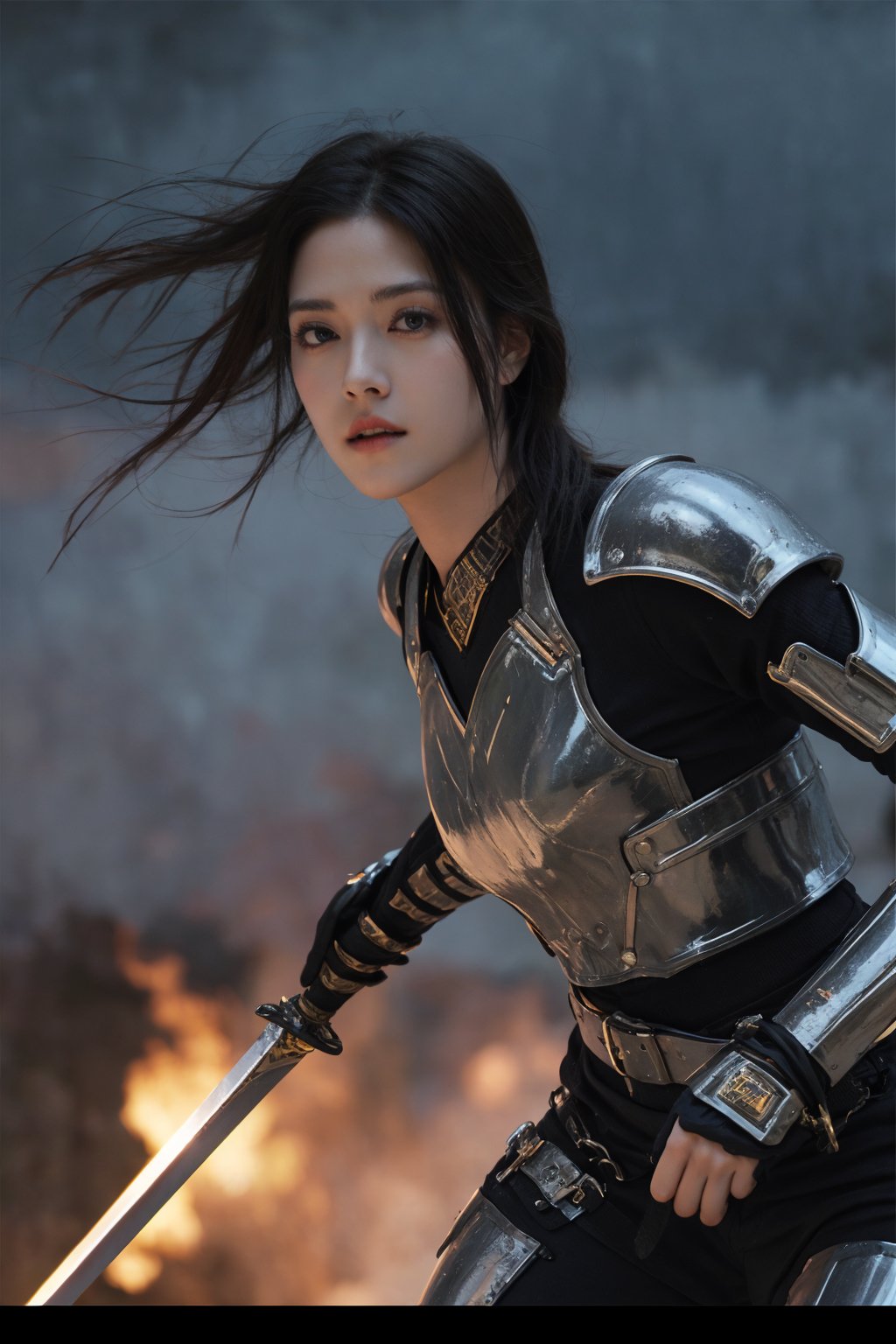 1girl, black hair, combat pose, (20yo), determined expression, glowing sword, shield, futuristic armor, dynamic action, energy effects, battlefield background, (explosion in distance:0.8), smoke, debris, high contrast lighting, (sword glow intensity:1.3), wide-angle lens, best quality, masterpiece.