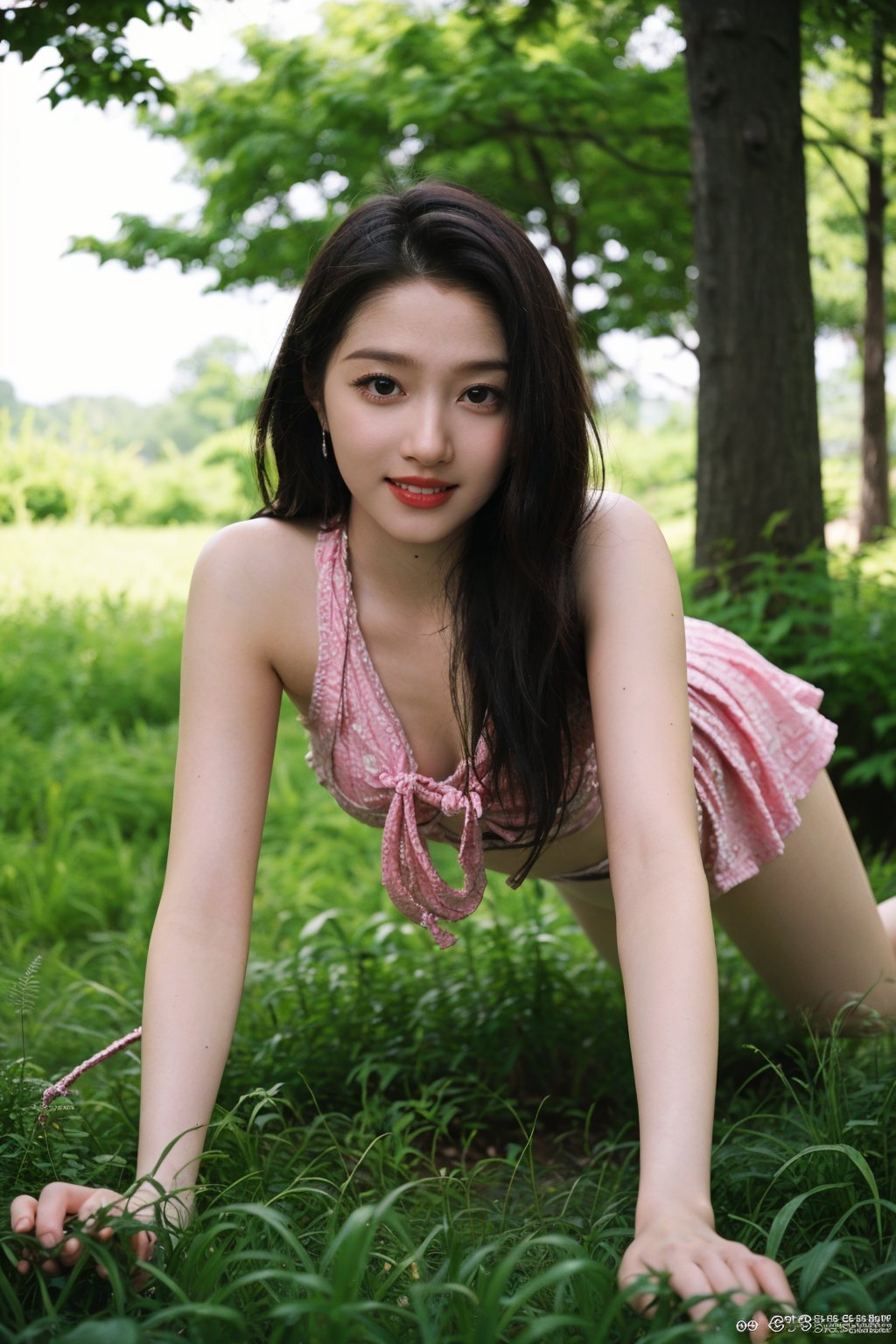 1girl, black hair, teenager, smiling, on all fours, rope tied around neck, tree, forest background, sunlight filtering through trees, green grass, detailed facial expression, playful demeanor, casual attire, natural scene, peaceful ambiance, high-quality, masterpiece.