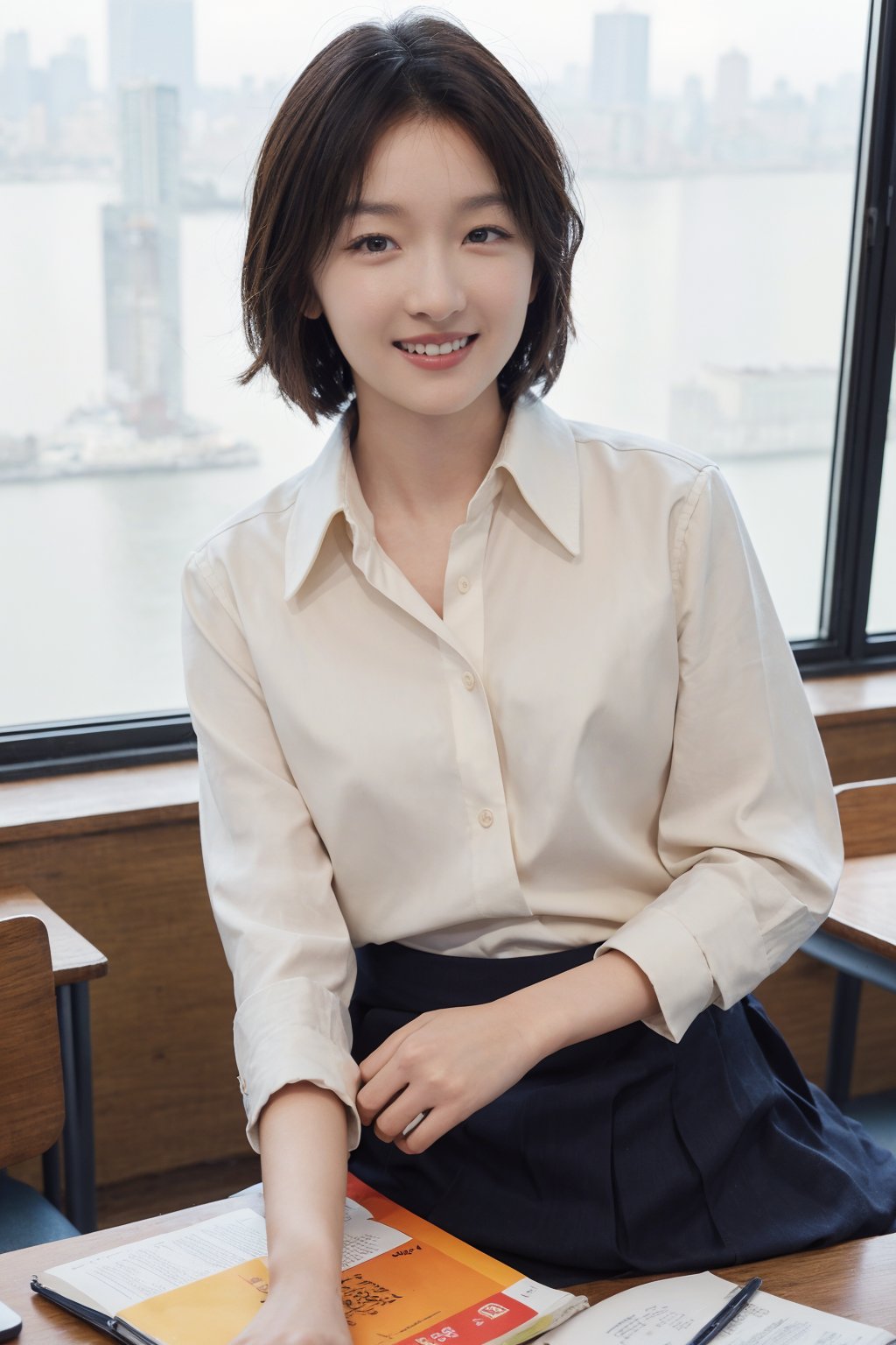 1girl, black hair, school, classroom, smiling, (20yo), beautiful detailed eyes, casual school uniform, sitting at desk, books, pencils, looking at viewer, natural light, detailed background, depth of field, realistic, ambient light, cinematic composition, best quality, masterpiece.