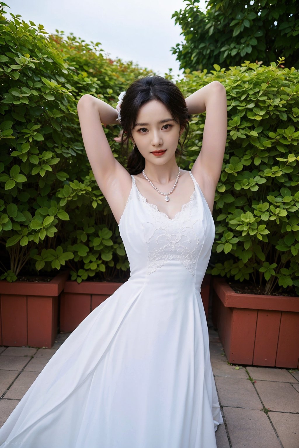 1girl, black hair, smiling, wedding dress, half body shot, (18yo),(arms behind head:1.2),  beautiful, detailed eyes, white dress, lace details, pearl necklace, delicate makeup, natural light, outdoor setting, greenery background, peaceful expression, best quality, masterpiece.