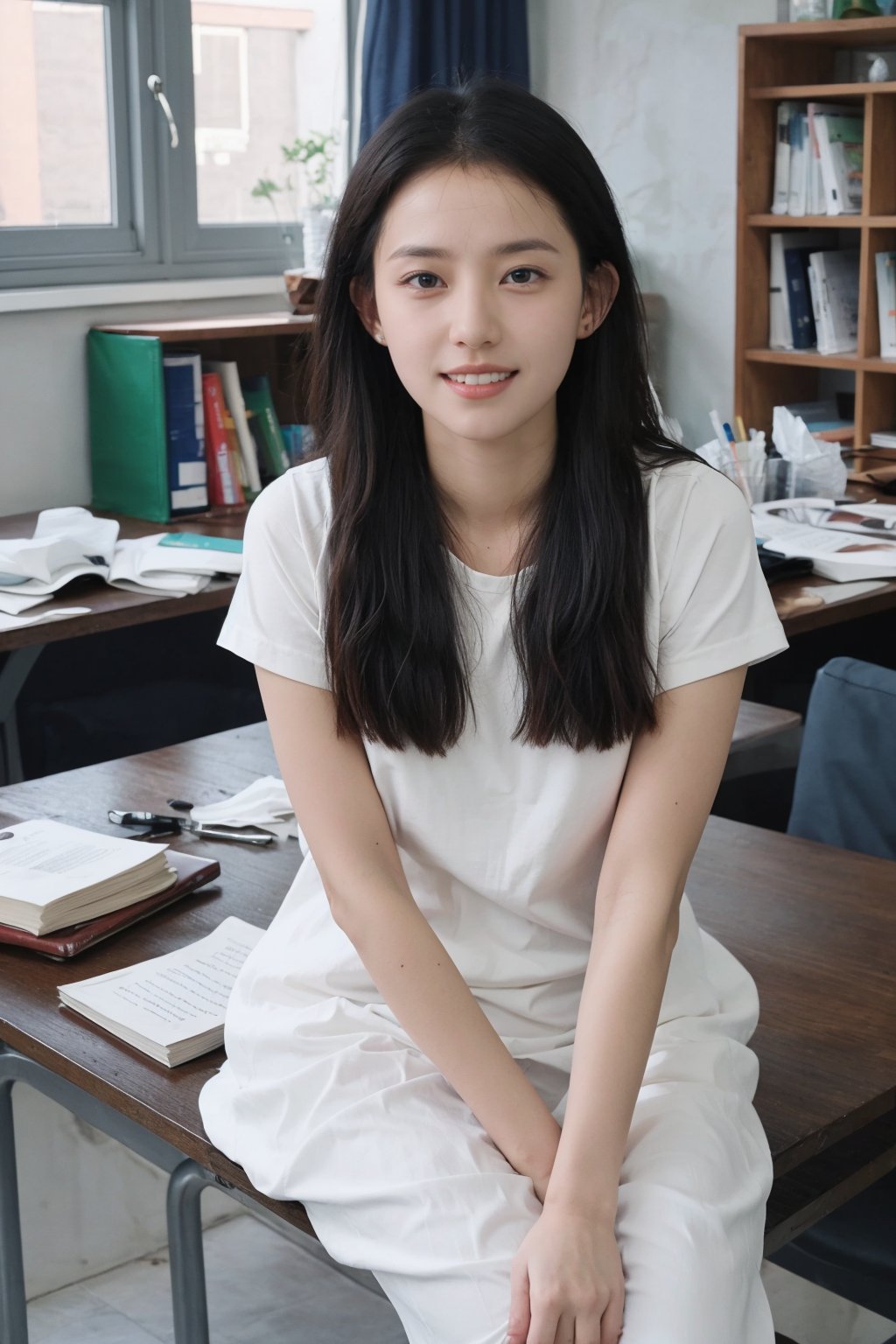 1girl, black hair, school, classroom, smiling, (20yo), beautiful detailed eyes, casual school uniform, sitting at desk, books, pencils, looking at viewer, natural light, detailed background, depth of field, realistic, ambient light, cinematic composition, best quality, masterpiece.