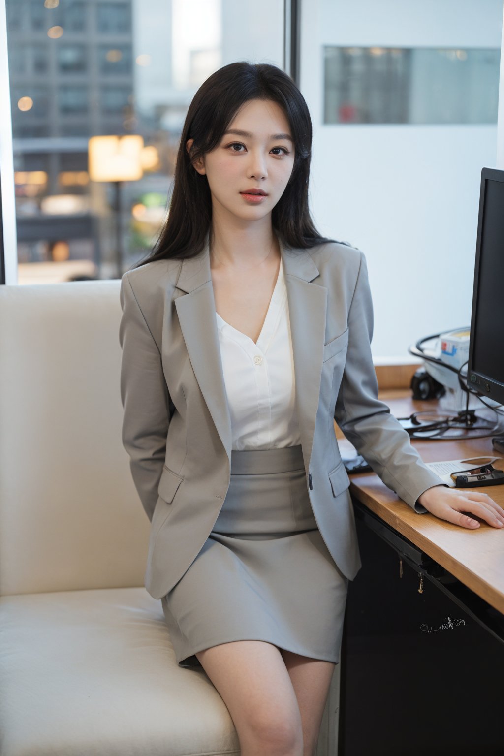 1girl, office lady, solo, (20yo), beautiful, detailed eyes, black hair, long hair, business suit, white shirt, black skirt, high heels, thighhighs, office, desk, computer, documents, window view, cityscape, beautifully detailed background, depth of field, realistic, ambient light, (cinematic composition:1.3), HDR, Accent Lighting, wide-angle lens, best quality, masterpiece