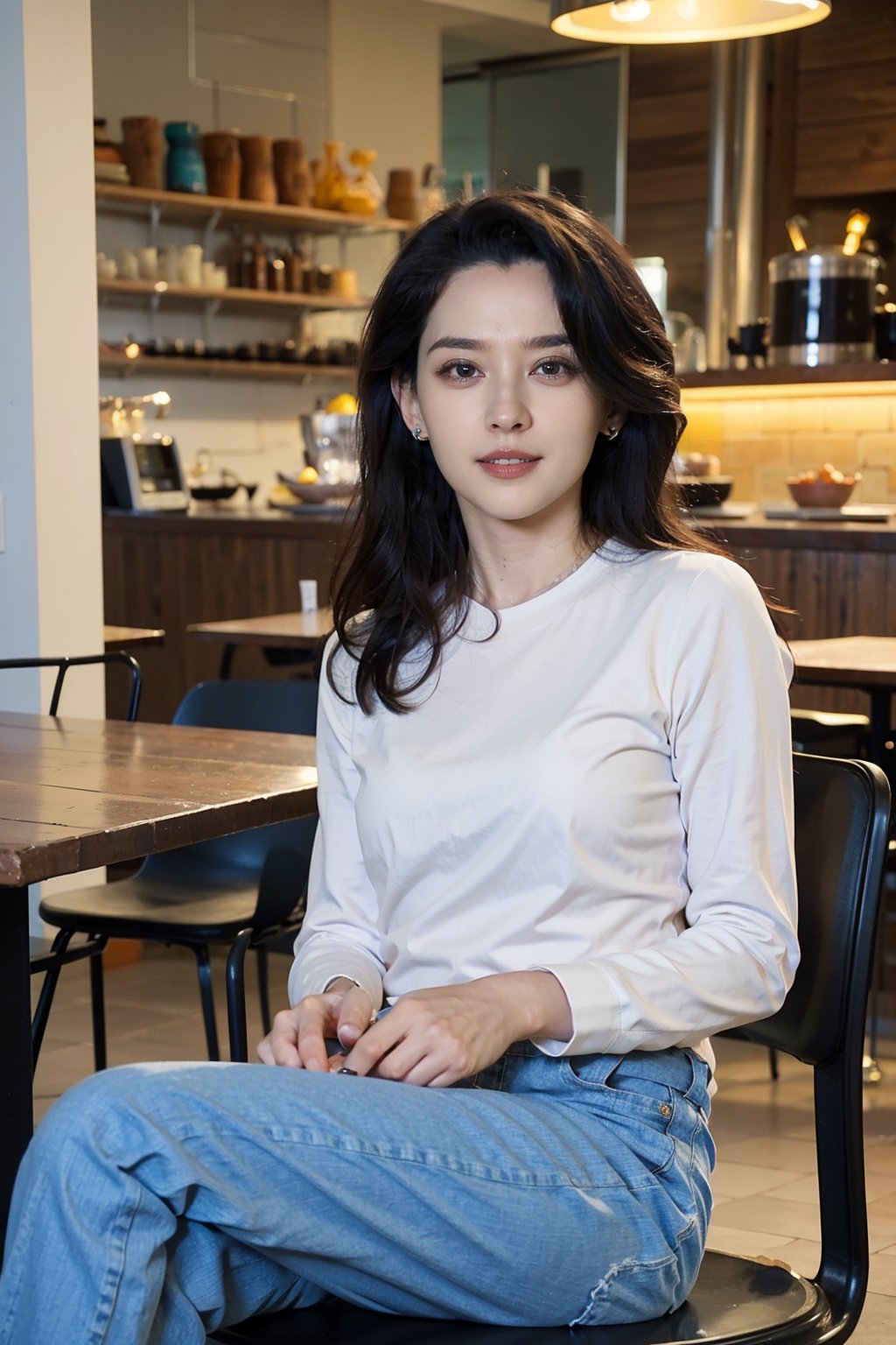 1girl, beautiful, black hair, smiling, sitting in a cafe, (18yo), detailed eyes, light blush, casual wear, white t-shirt, jeans, coffee cup in hand, surrounded by cafe ambiance, wooden tables, cozy lighting, books on shelves, (vintage clock:1.2), realistic, depth of field, ambient light, (cinematic composition:1.3), soft focus background, HDR, Accent Lighting, medium shot, best quality, masterpiece.