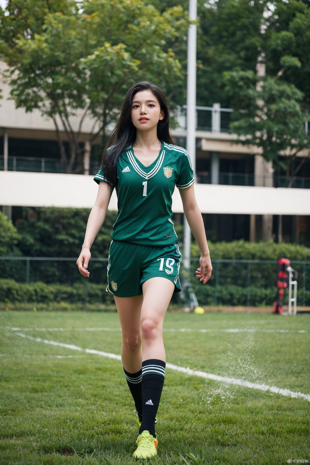 1girl, black hair, full body, soccer uniform, detailed facial features, bright eyes, Cleavage,athletic posture, standing, soccer cleats, green field, outdoor, sunny day, dynamic pose, high quality, masterpiece