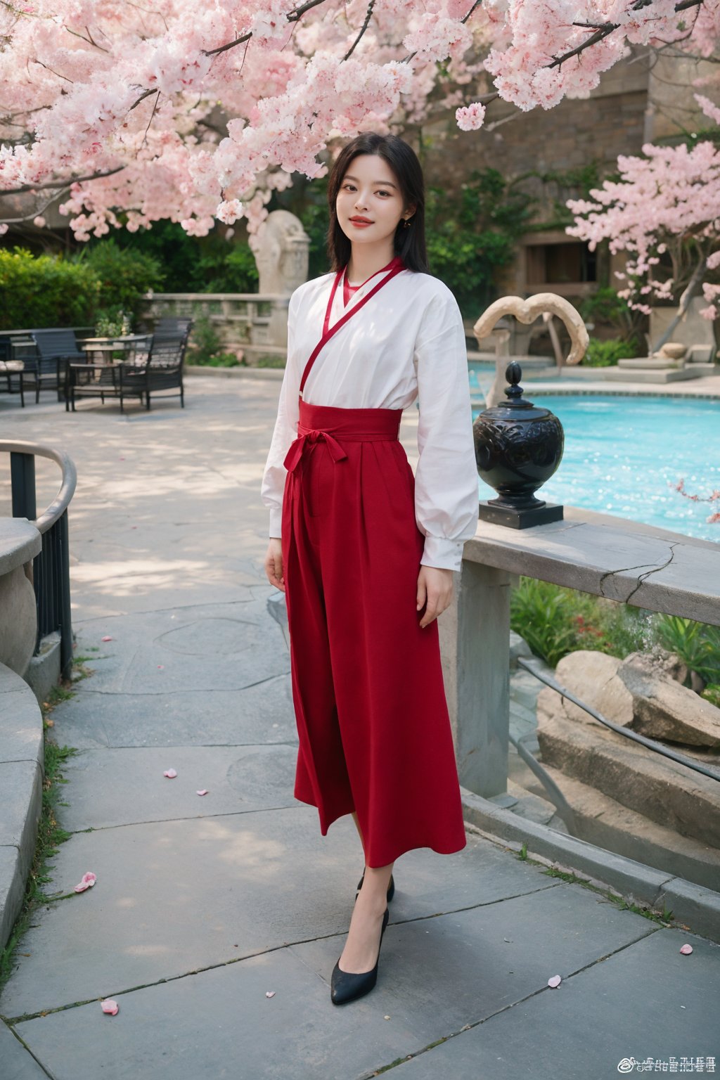 1girl, black hair, full body, standing, Hanfu, smiling, detailed eyes, traditional Chinese clothing, delicate patterns, silk fabric, (red ribbon:1.2), (jade pendant:0.9), ancient China, serene expression, gentle breeze, cherry blossoms, courtyard, stone path, (sunny weather:0.8), soft light, peaceful atmosphere, high definition, best quality, masterpiece.