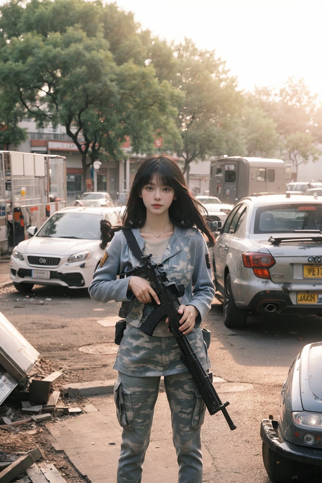 1girl, beautiful, black hair, long hair, intense eyes, determined expression, combat uniform, camouflage pattern, holding a rifle, firing, battlefield, explosions in background, tanks, smoke, fire, debris, chaotic environment, dynamic lighting, (action pose:1.2), high-contrast, gritty textures, best quality, masterpiece.