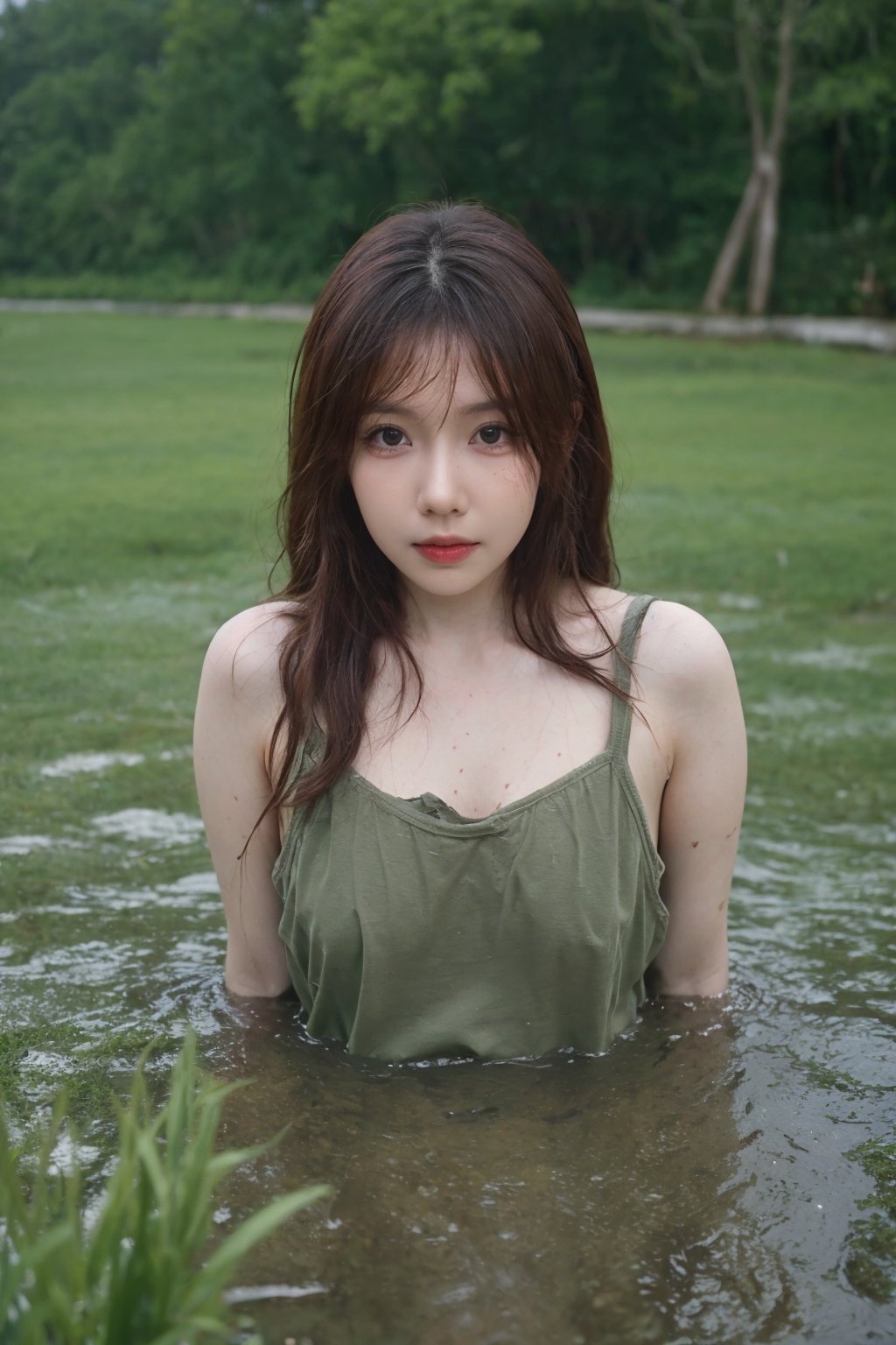 1girl, black hair, half body submerged in swamp, fearful expression, detailed eyes, (20yo:0.9), wet clothes, green mossy environment, brown water, bubbles, (mud on face:1.2), (fear:1.3), overcast sky, realistic, high resolution, cinematic composition, natural lighting, depth of field, wide-angle lens, best quality, masterpiece.