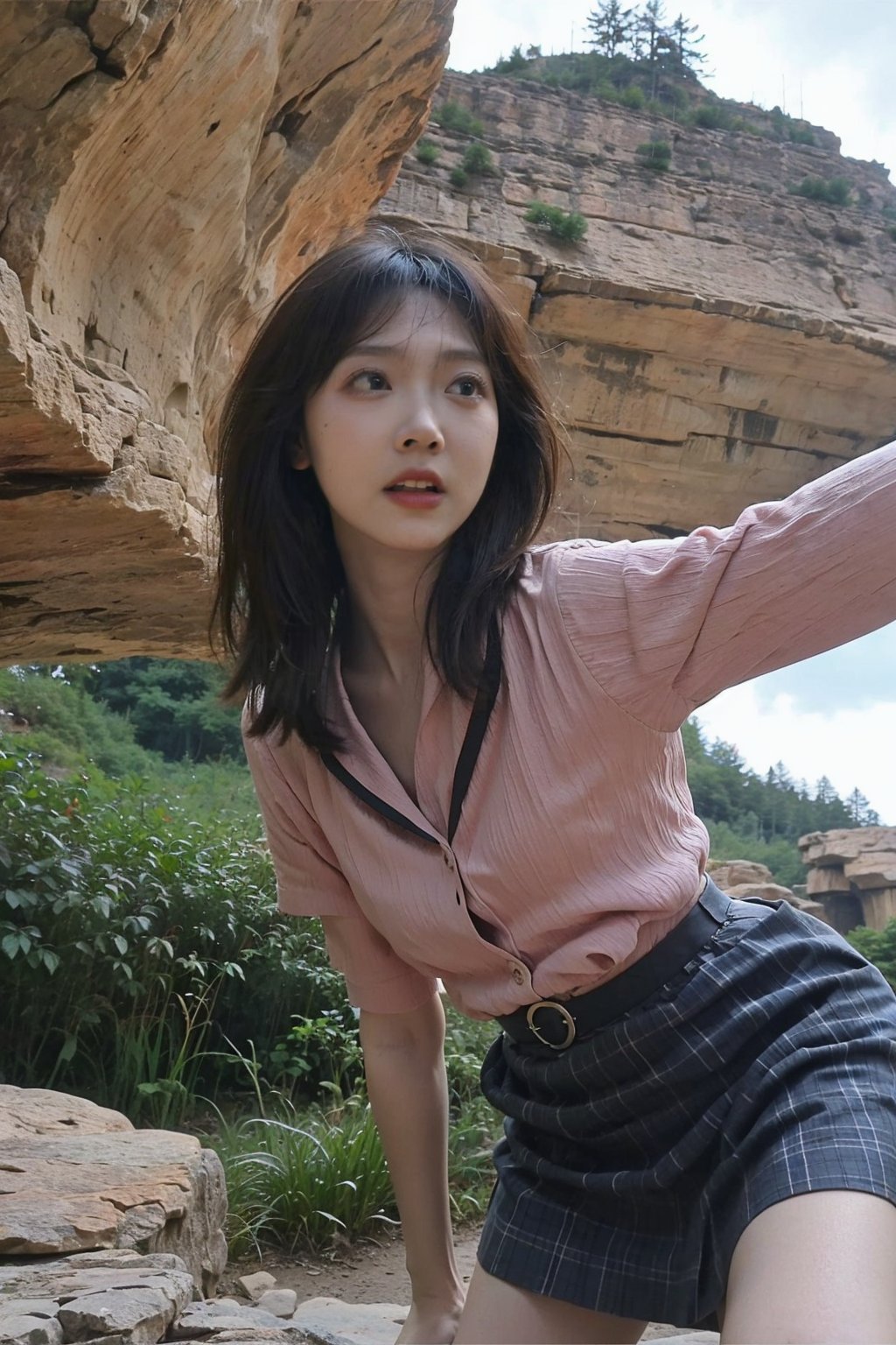 1girl, black hair, falling, cliff edge, panic expression, wind blowing hair, arms outstretched, (skirt billowing:1.2), rocky terrain below, (heightened sense of danger:1.3), dynamic motion, high detail, realistic style, ambient lighting, (shocking moment:1.5), HDR, wide-angle lens, best quality, masterpiece.