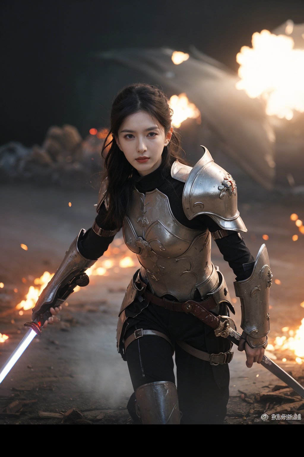 1girl, black hair, combat pose, (20yo), determined expression, glowing sword, shield, futuristic armor, dynamic action, energy effects, battlefield background, (explosion in distance:0.8), smoke, debris, high contrast lighting, (sword glow intensity:1.3), wide-angle lens, best quality, masterpiece.