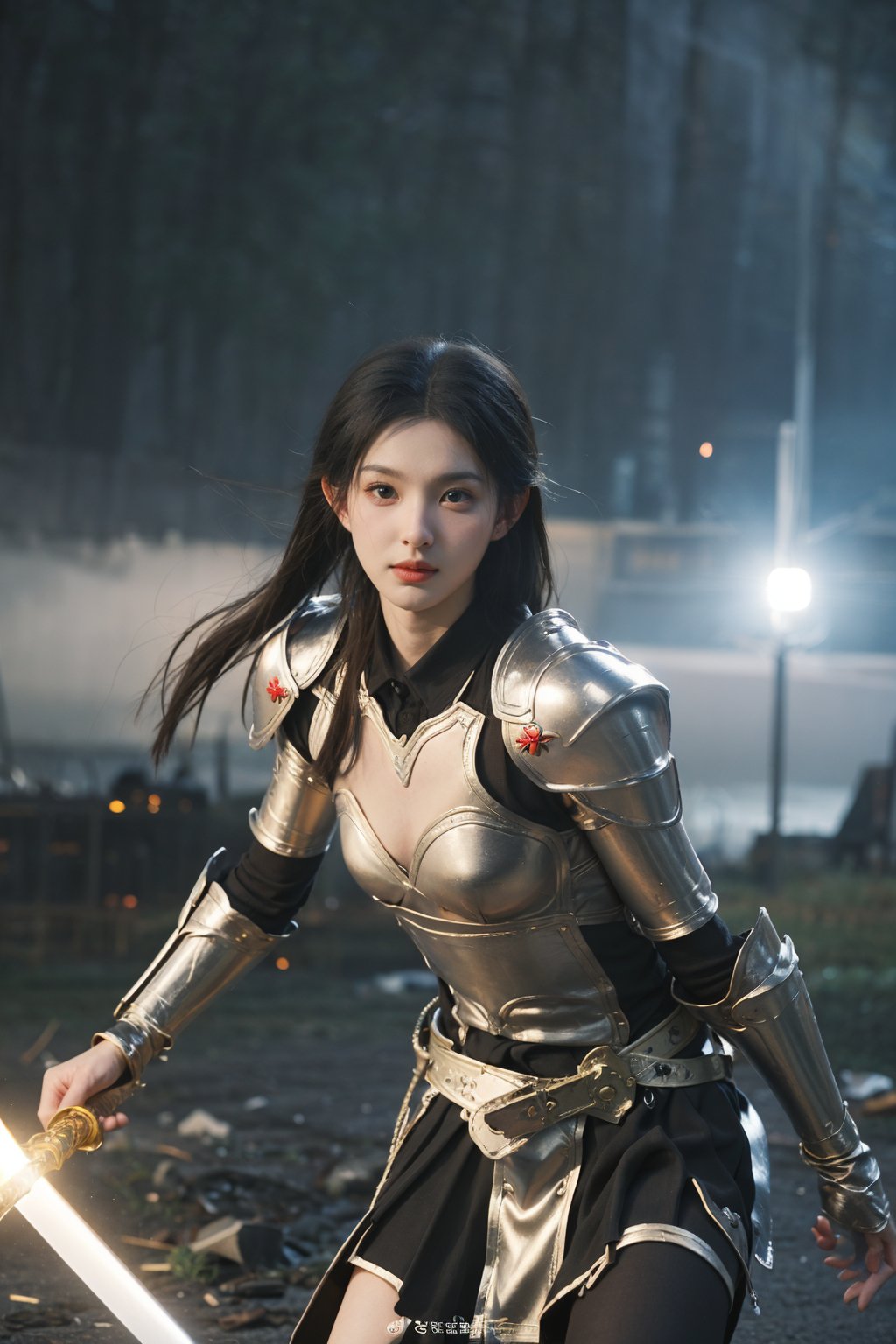 1girl, black hair, combat pose, (20yo), determined expression, glowing sword, shield, futuristic armor, dynamic action, energy effects, battlefield background, (explosion in distance:0.8), smoke, debris, high contrast lighting, (sword glow intensity:1.3), wide-angle lens, best quality, masterpiece.