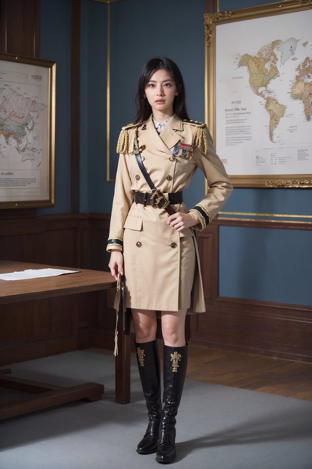 1girl, black hair, young, military general, full-body portrait, detailed uniform, (golden embroidery:1.2), epaulettes, (rank insignia:1.3), sharp eyes, determined expression, standing posture, holding a sword, (sword details:1.1), leather boots, (boot details:1.05), background suggestive of a war room, maps, strategy papers, dim lighting, realistic, depth of field, (cinematic composition:1.3), high resolution, best quality, masterpiece.