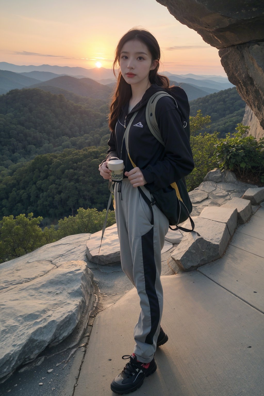 1girl, black hair, standing on a mountain top, full body shot, wearing climbing gear, hiking attire, (mountain range:1.3), (peak:1.2), (sunset:0.9), vibrant colors, clear sky, high resolution, realistic style, wide-angle lens, best quality, masterpiece.