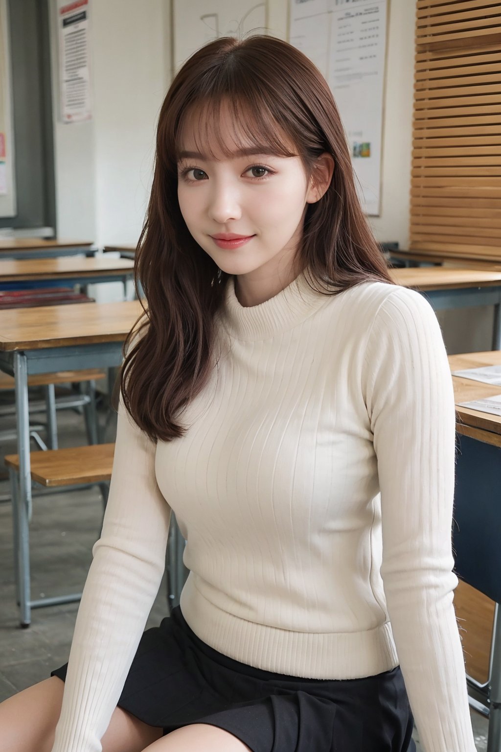 1girl, black hair, school, classroom, smiling, (20yo), beautiful detailed eyes, casual school uniform, sitting at desk, books, pencils, looking at viewer, natural light, detailed background, depth of field, realistic, ambient light, cinematic composition, best quality, masterpiece.