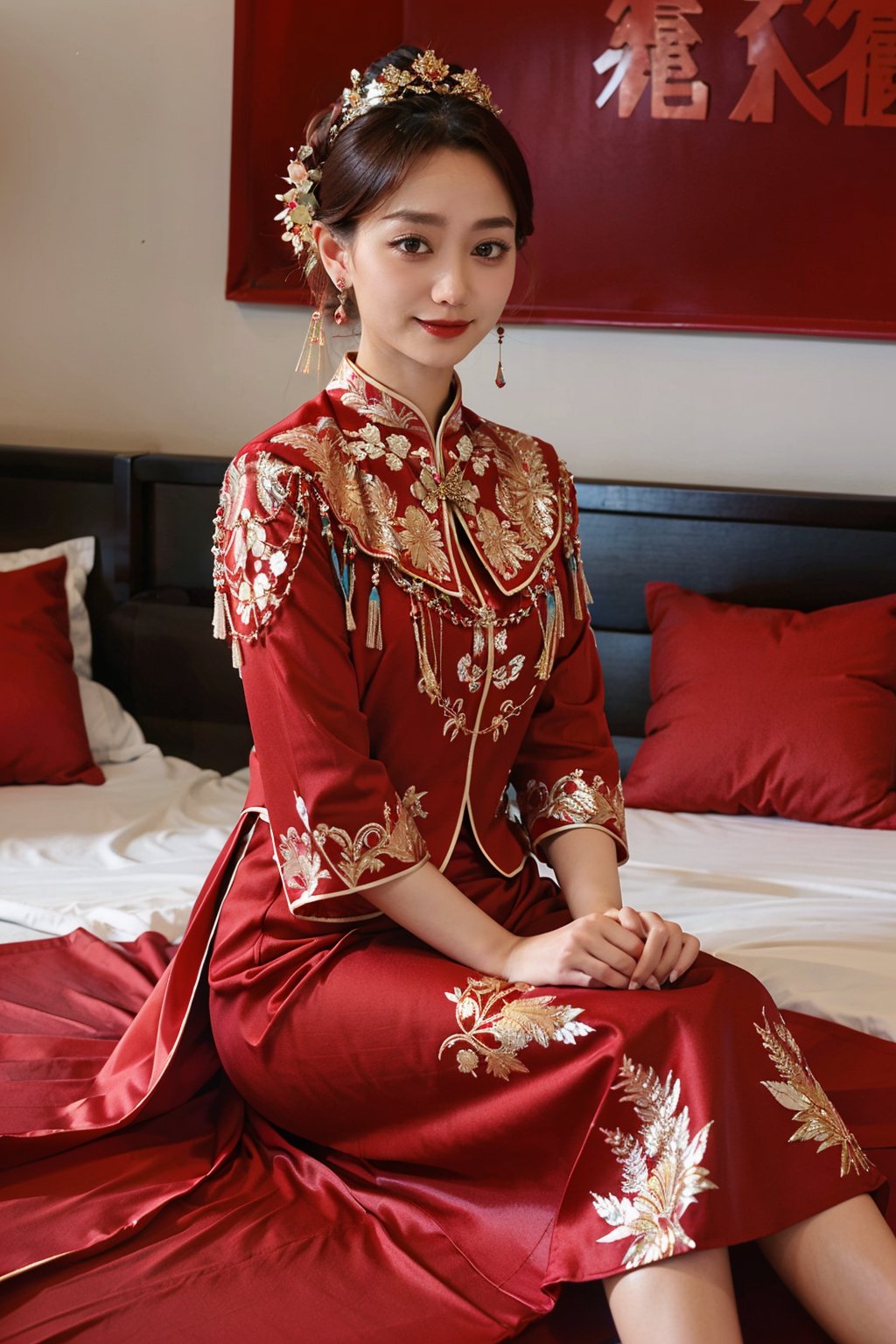  best quality,highly detailed,1girl,
a woman in a red and gold clothes, phoenix coronet,(sitting on red bed),blush,shy,black_hair, earrings,  indoors, jewelry, long_sleeves, red lips, tassel, Red quilt,(red palace:1.2),looking_at_viewer,smile