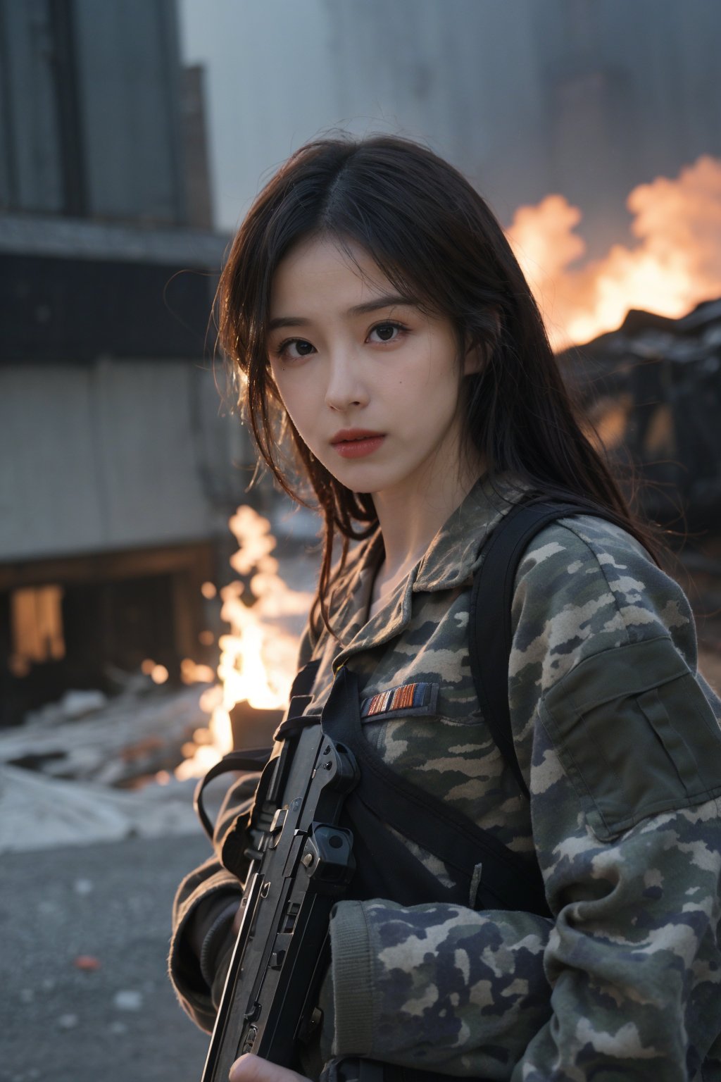 1girl, beautiful, black hair, long hair, intense eyes, determined expression, combat uniform, camouflage pattern, holding a rifle, firing, battlefield, explosions in background, tanks, smoke, fire, debris, chaotic environment, dynamic lighting, (action pose:1.2), high-contrast, gritty textures, best quality, masterpiece.