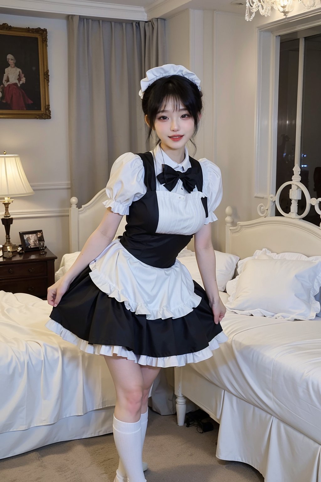 1girl, black hair, maid costume, ultra-short skirt, sexy, standing pose, full body shot, bedroom setting, smiling, (detailed eyes:1.2), (cute:1.1), flirty expression, lace trims, white apron, high socks, soft lighting, intimate atmosphere, best quality, masterpiece.