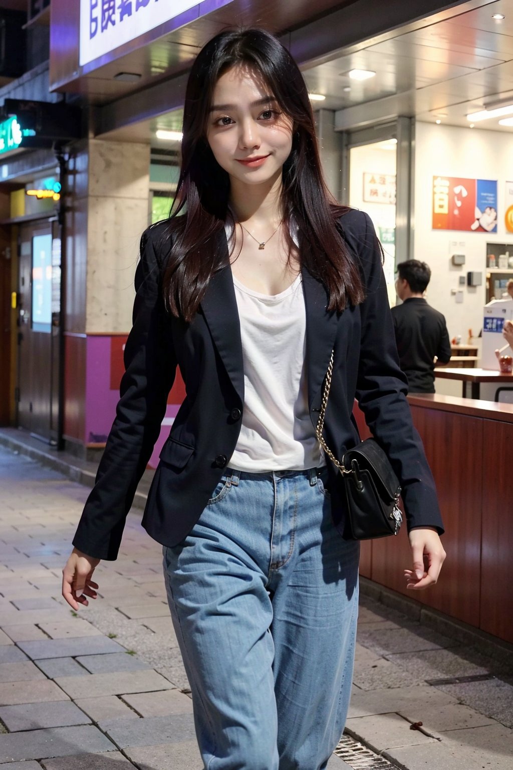 best quality,masterpiece,ultra high res,looking at viewer,simple background, 1girl, solo, looking_at_viewer, black hair,realistic,slim,(smile)(,Walking on the street),