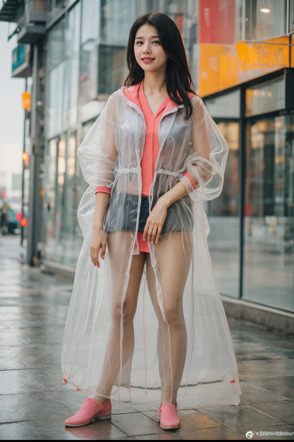 1girl, black hair, standing, full body, transparent raincoat, smiling, (beautiful eyes:1.2), (long hair:1.3), (transparent raincoat:1.5), urban background, light rain, puddles, city street, evening time, warm ambient light, (vivid colors:1.3), high resolution, best quality, masterpiece