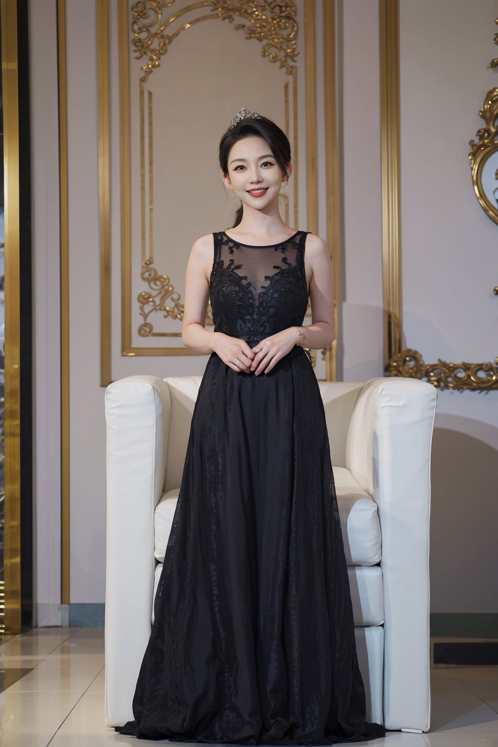 1girl, black hair, queen costume, luxurious clothing, full body shot, smiling, (crown:1.2), (jewelry:1.3), (gown:1.5), detailed textures, elegant pose, regal aura, soft lighting, ornate background, royal throne, palace interior, high resolution, best quality, masterpiece