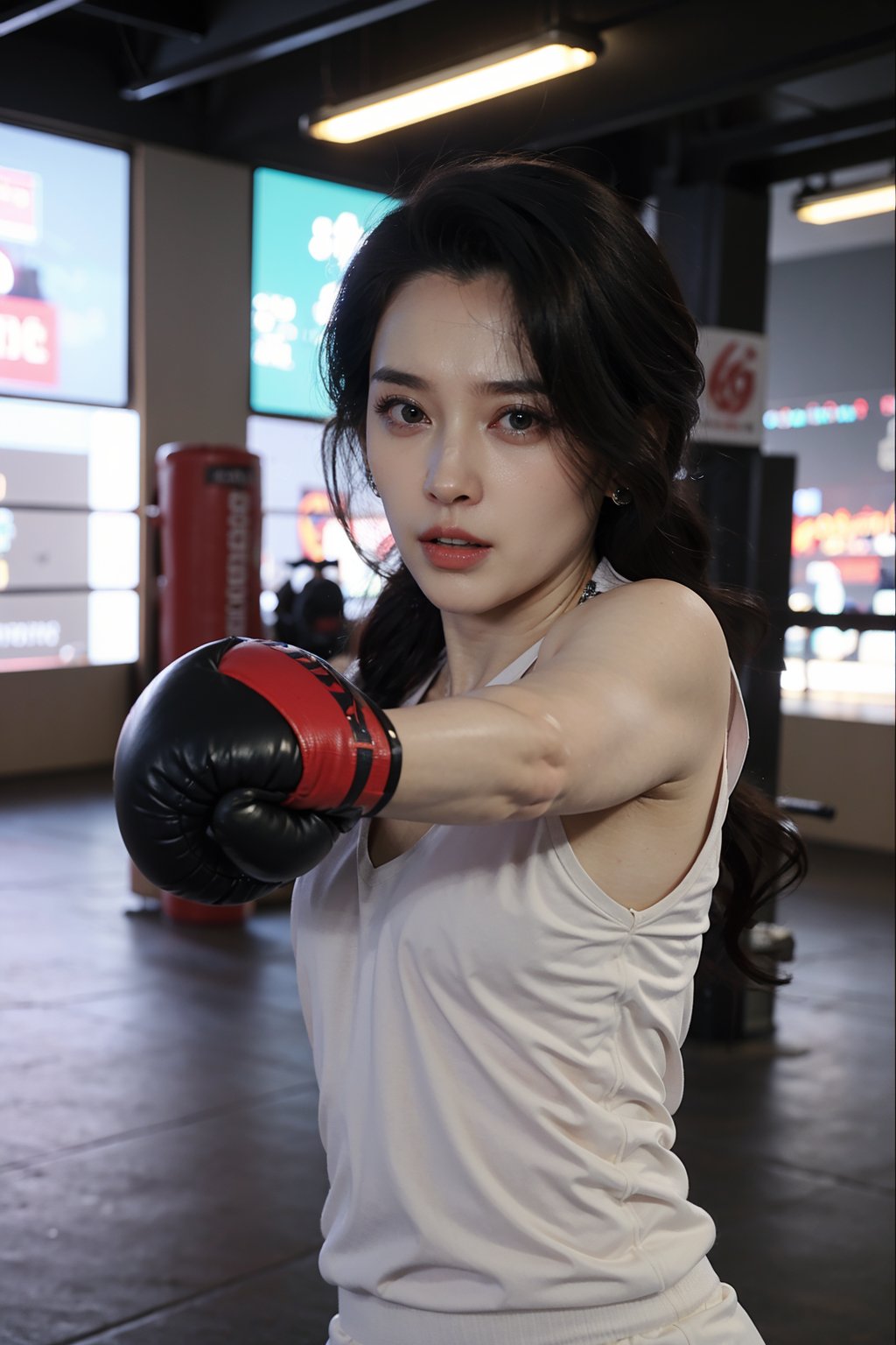 1girl, beautiful, black hair, young, (20yo), determined expression, boxing ring, punching, sportswear, dynamic pose, sweat, intense eyes, focused, gym, bright lighting, realistic style, best quality, masterpiece.