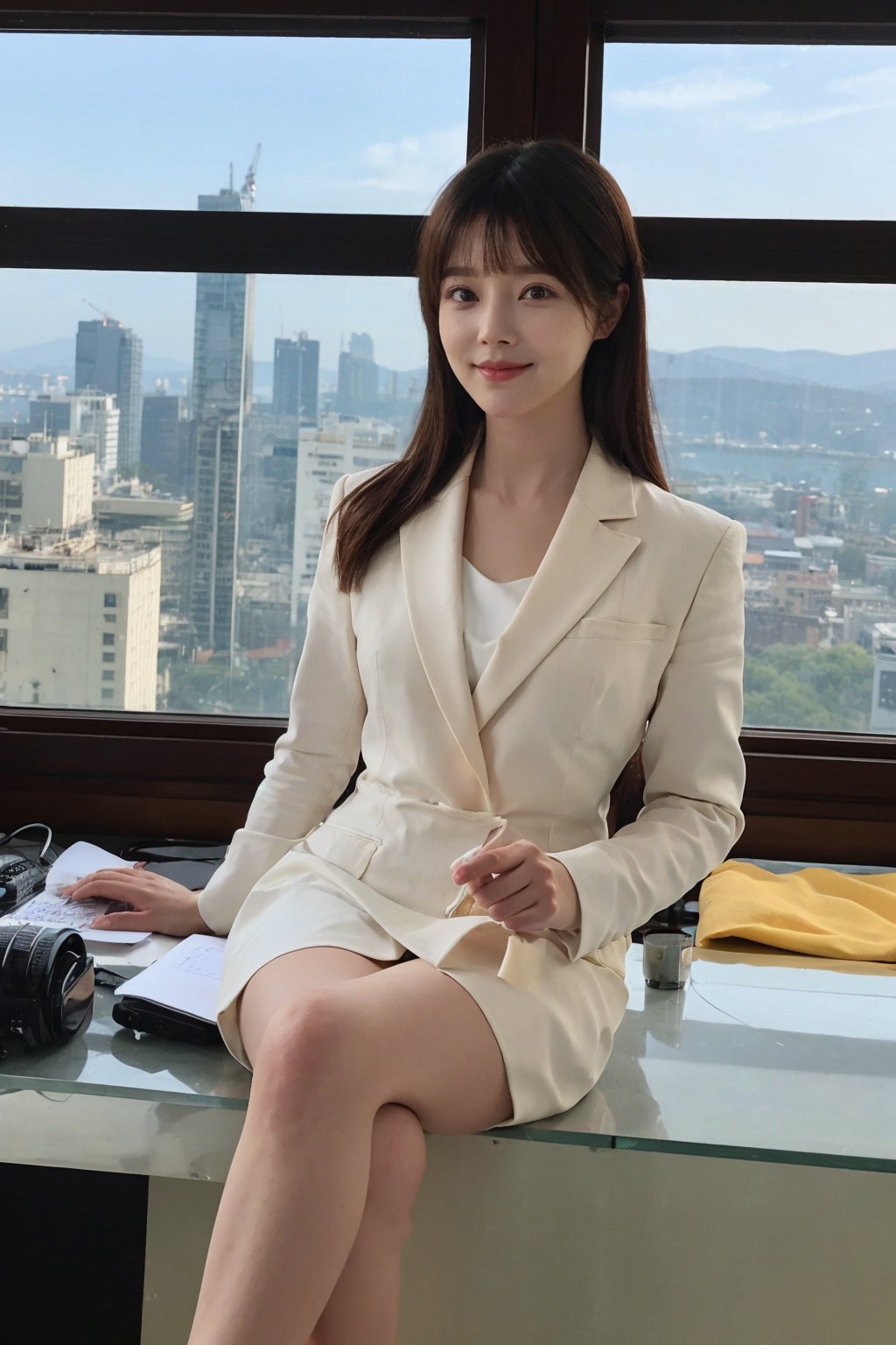 1girl, office lady, solo, (20yo), beautiful, detailed eyes, black hair, long hair, business suit, white shirt, black skirt, high heels, thighhighs, office, desk, computer, documents, window view, cityscape, beautifully detailed background, depth of field, realistic, ambient light, (cinematic composition:1.3), HDR, Accent Lighting, wide-angle lens, best quality, masterpiece