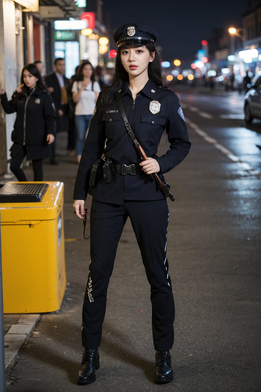 1girl, black hair, young, female police officer, patrolling, street view, full body shot, uniform, cap, badge, utility belt, nightstick, focused expression, city background, daytime, realistic style, high-quality resolution, masterpiece.