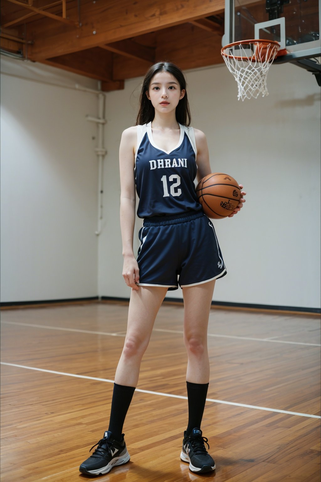 1girl, black hair, standing, full body, detailed eyes, athletic, (Cleavage), beautiful, basketball uniform, shorts, sneakers, high socks, dynamic pose, school gym background, polished wooden floor, basketball hoop, backboard, scoreboard, bright lighting, (cinematic composition:1.3), depth of field, realistic, ambient light, wide-angle lens, best quality, masterpiece.