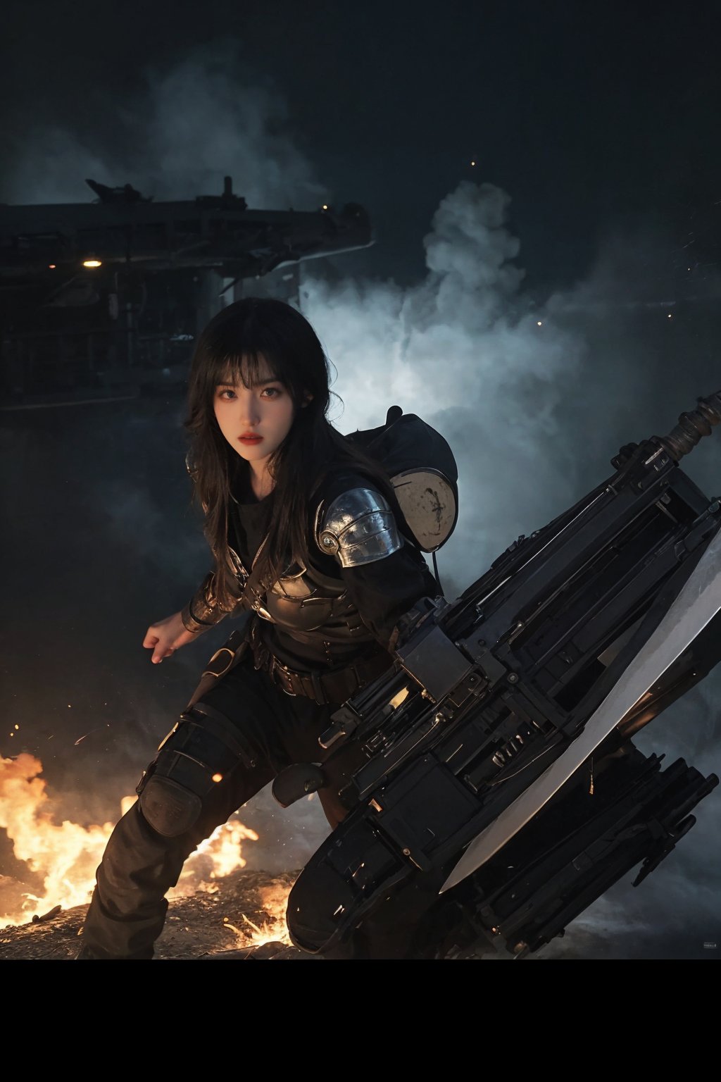 1girl, black hair, combat pose, (20yo), determined expression, glowing sword, shield, futuristic armor, dynamic action, energy effects, battlefield background, (explosion in distance:0.8), smoke, debris, high contrast lighting, (sword glow intensity:1.3), wide-angle lens, best quality, masterpiece.