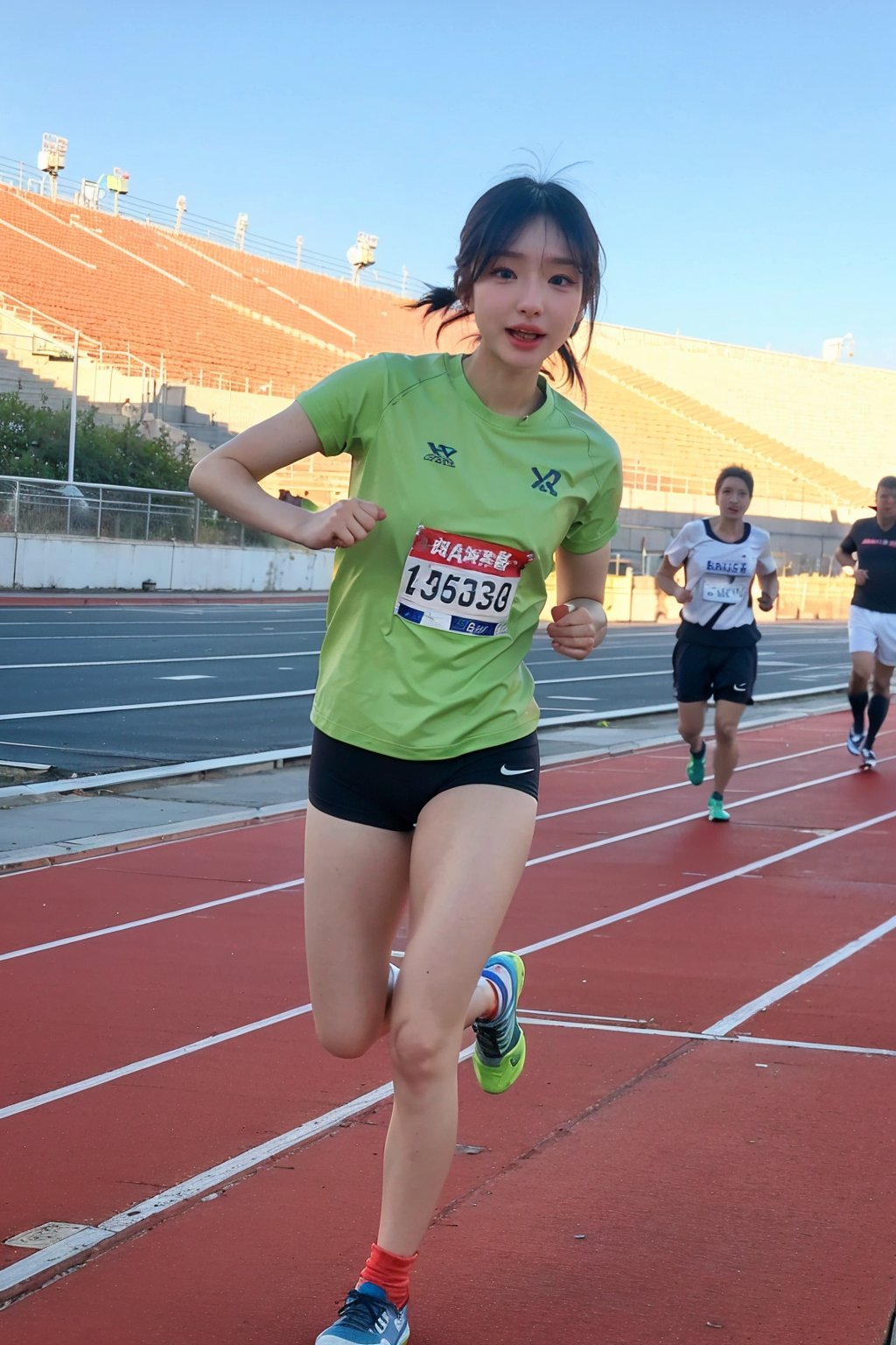 1girl, black hair, beautiful, marathon runner, competition, athletic outfit, running shoes, dynamic pose, sweating, determined expression, (track and field:1.3), sports track, clear sky, daytime, vibrant atmosphere, realistic style, wide-angle lens, best quality, masterpiece