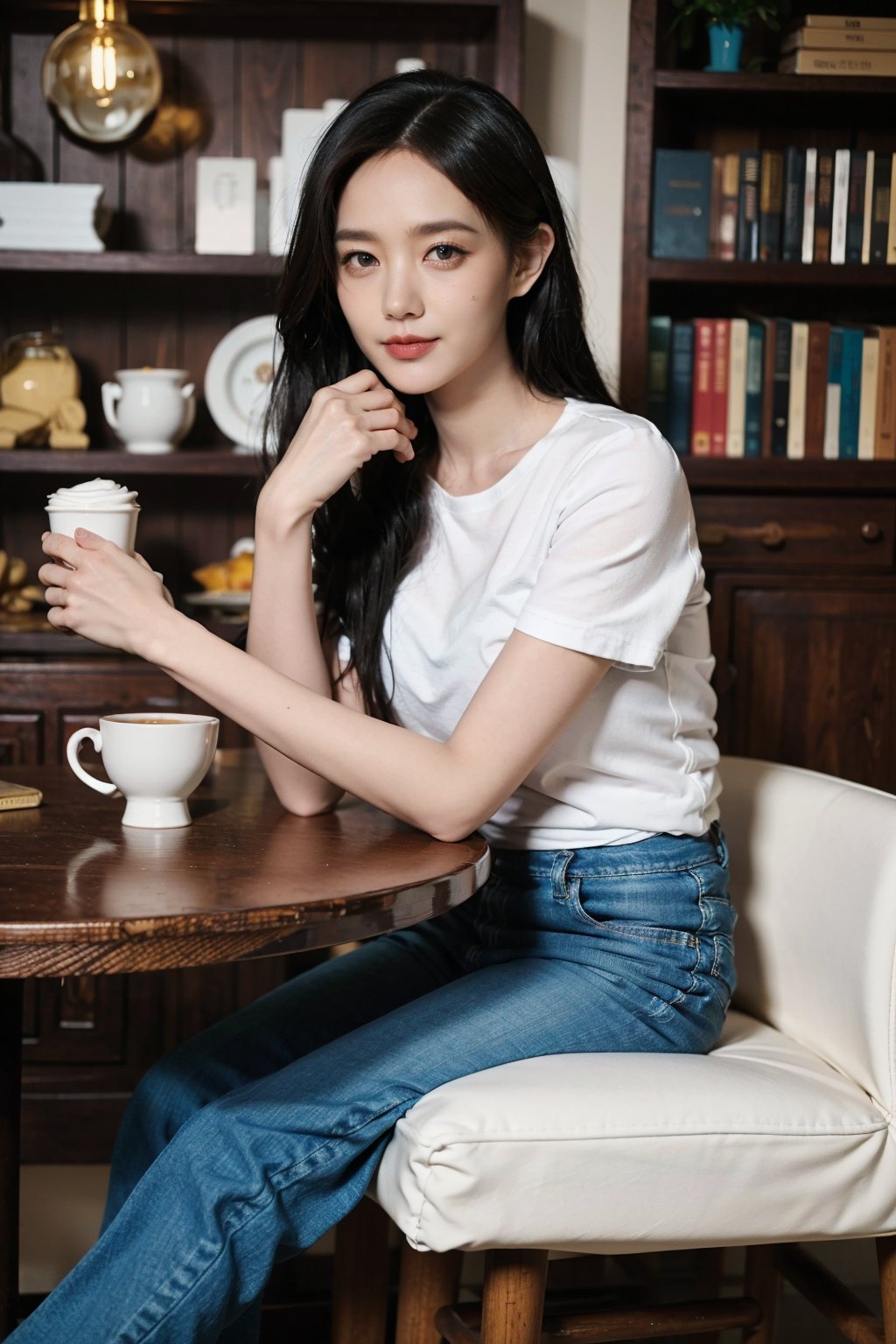 1girl, beautiful, black hair, smiling, sitting in a cafe, (18yo), detailed eyes, light blush, casual wear, white t-shirt, jeans, coffee cup in hand, surrounded by cafe ambiance, wooden tables, cozy lighting, books on shelves, (vintage clock:1.2), realistic, depth of field, ambient light, (cinematic composition:1.3), soft focus background, HDR, Accent Lighting, medium shot, best quality, masterpiece.