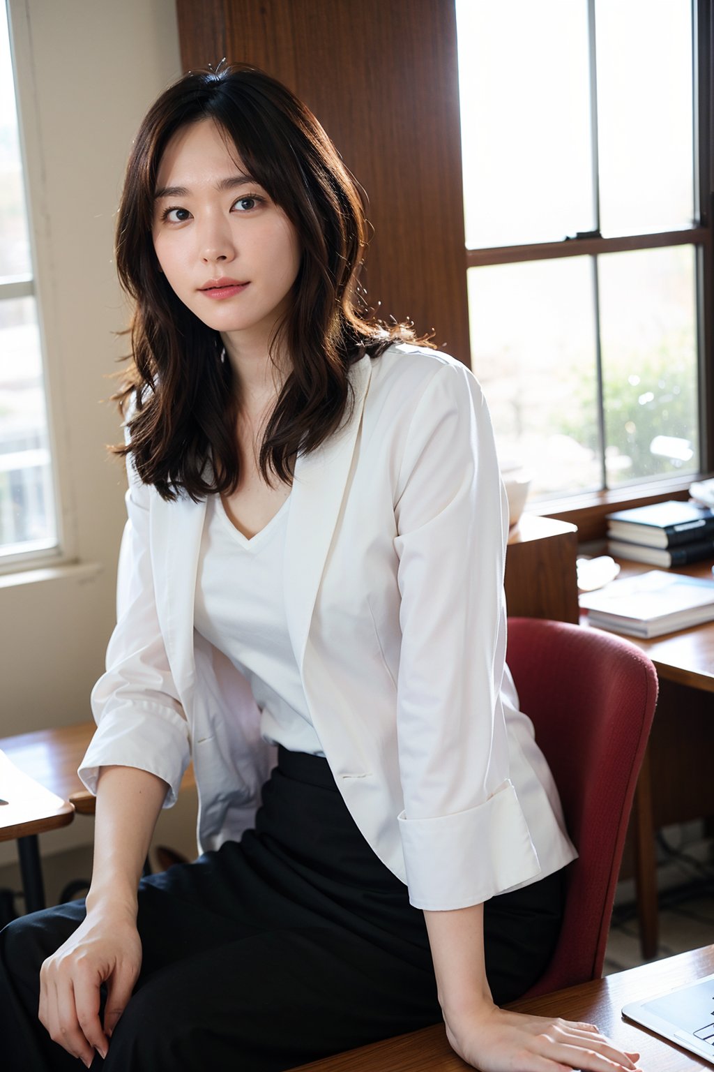 1girl, office lady, solo, (20yo), beautiful, detailed eyes, black hair, long hair, professional attire, suit jacket, pencil skirt, high heels, sitting at desk, computer on desk, office environment, modern interior, window view, sunlight, beautifully detailed background, depth of field, realistic, ambient light, (cinematic composition:1.3), HDR, Accent Lighting, wide-angle lens, best quality, masterpiece