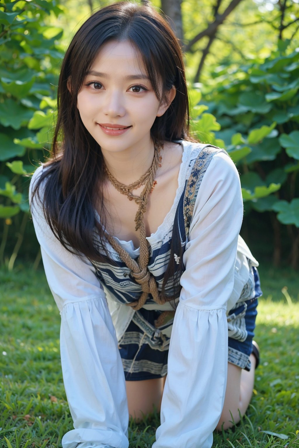 1girl, black hair, teenager, smiling, on all fours, rope tied around neck, tree, forest background, sunlight filtering through trees, green grass, detailed facial expression, playful demeanor, casual attire, natural scene, peaceful ambiance, high-quality, masterpiece.