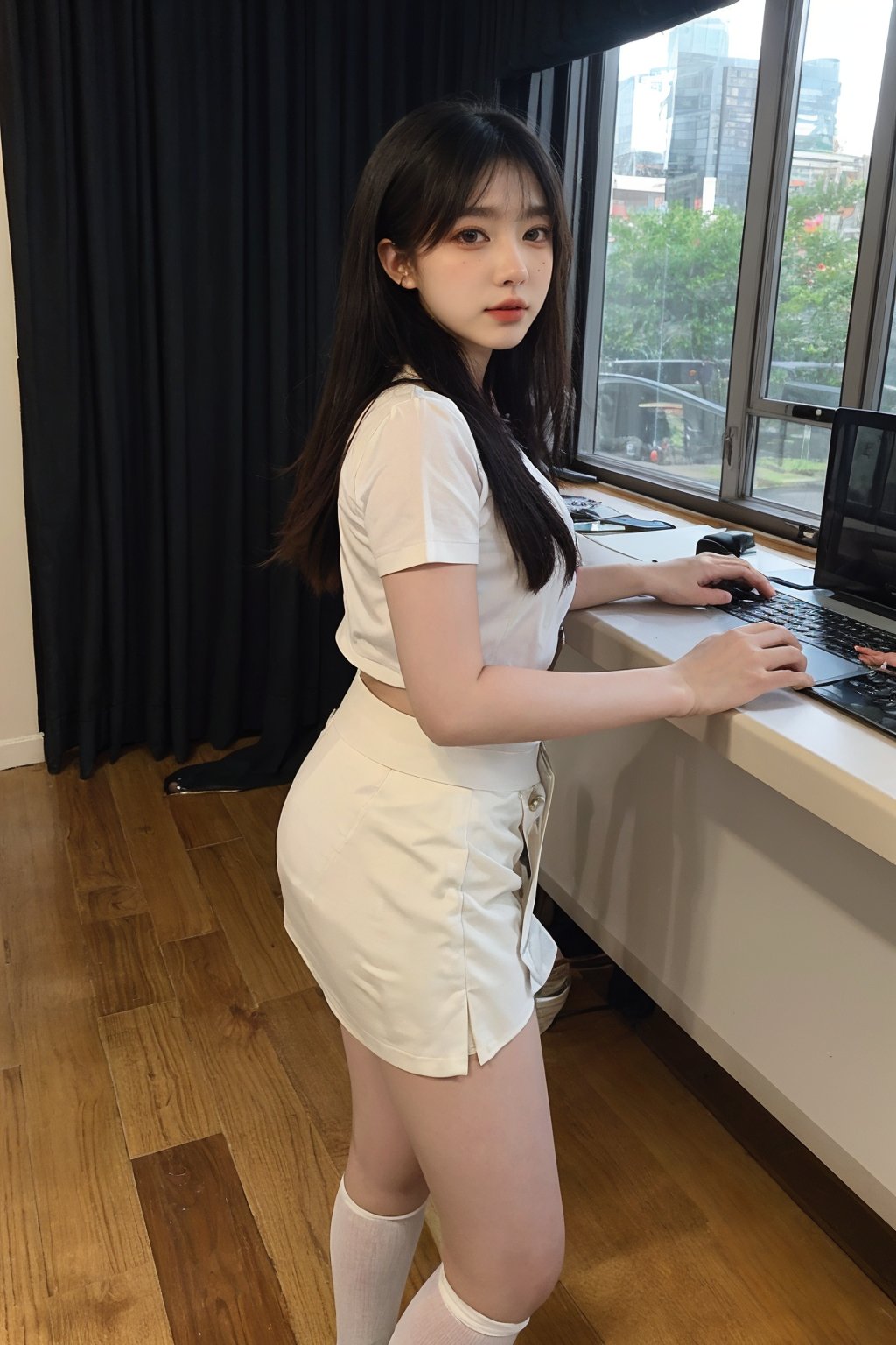 1girl, office lady, solo, (20yo), beautiful, detailed eyes, black hair, long hair, business suit, white shirt, black skirt, high heels, thighhighs, office, desk, computer, documents, window view, cityscape, beautifully detailed background, depth of field, realistic, ambient light, (cinematic composition:1.3), HDR, Accent Lighting, wide-angle lens, best quality, masterpiece