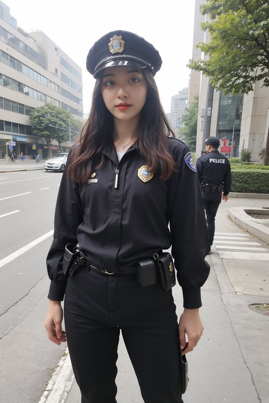 1girl, black hair, young, female police officer, patrolling, street view, full body shot, uniform, cap, badge, utility belt, nightstick, focused expression, city background, daytime, realistic style, high-quality resolution, masterpiece.