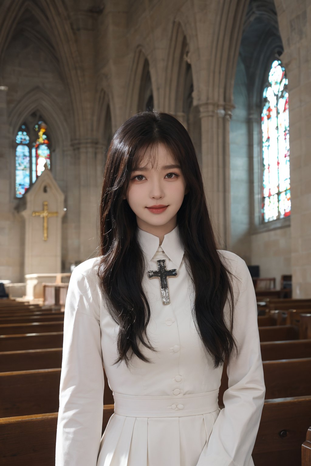 1girl, black hair, long hair, nun uniform, standing, church background, smiling, detailed eyes, (16yo), white habit, (cross necklace:1.2), soft lighting, stained glass windows, pews, altar in distance, high ceilings, peaceful atmosphere, depth of field, realistic, (cinematic composition:1.3), HDR, Accent Lighting, wide-angle lens, best quality, masterpiece.