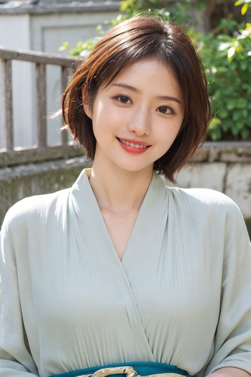 1girl, black hair, full body, standing, smiling, detailed eyes, (black hair:1.3), (kimono:1.2), (smiling:1.1), beautiful, elegant, peaceful expression, natural light, serene background, traditional Japanese setting, realistic, depth of field, ambient light, wide-angle lens, best quality, masterpiece