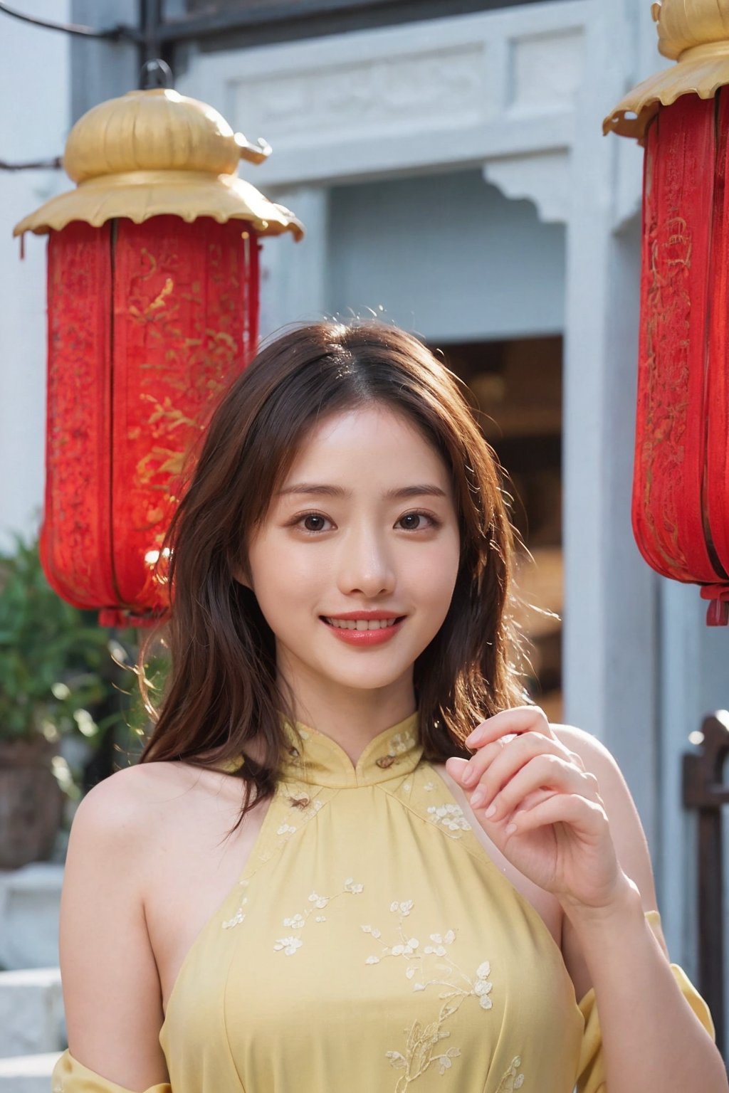 1girl, black hair, long hair, standing, full-body shot, smiling, Cheongsam (Chinese style dress), elegant, detailed eyes, blush on the cheeks, traditional Chinese architecture background, lanterns, red and gold colors, depth of field, realistic, soft light, cinematic composition:1.3, best quality, masterpiece