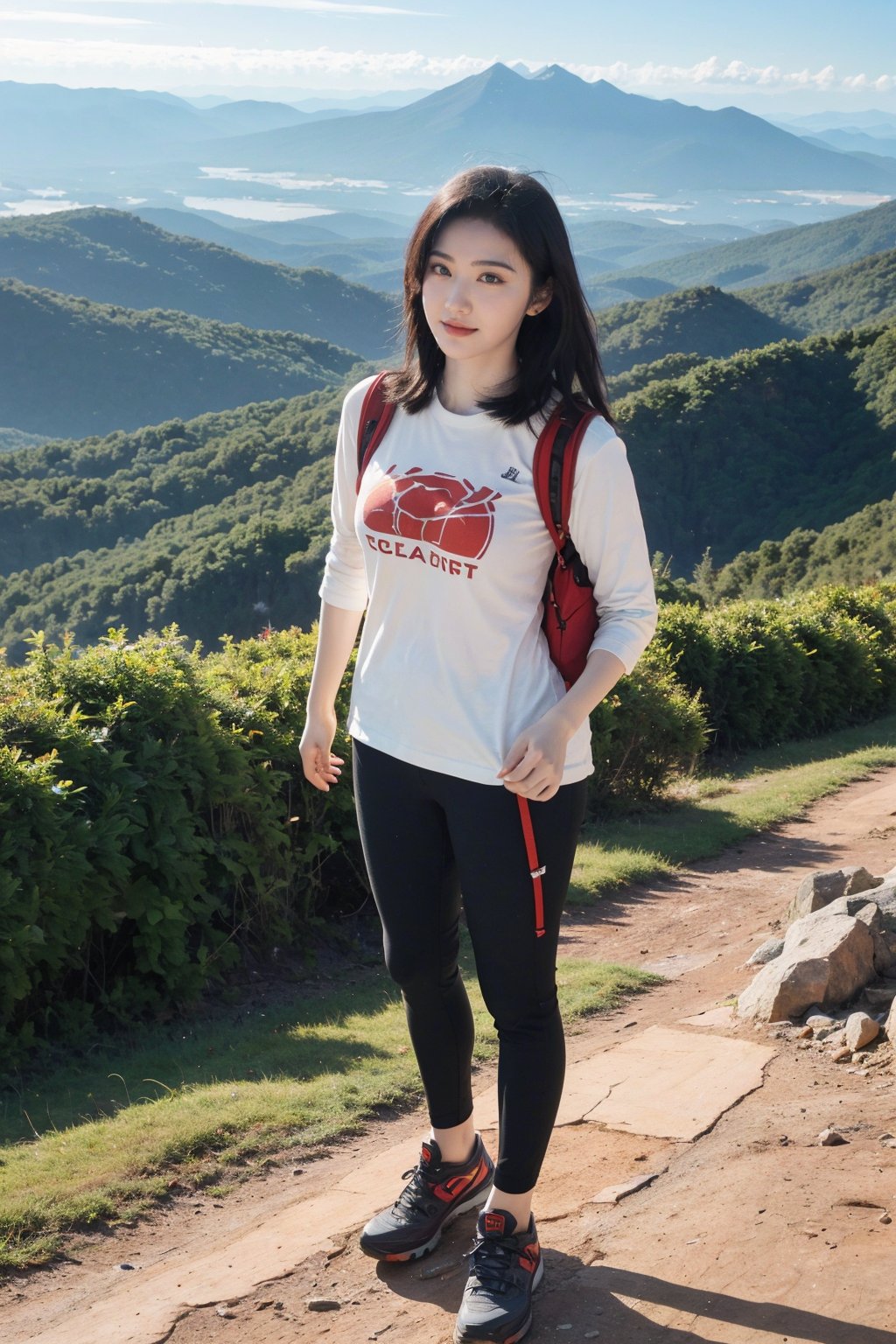 1girl, black hair, standing on a mountain top, full body shot, wearing climbing gear, hiking attire, (mountain range:1.3), (peak:1.2), (sunset:0.9), vibrant colors, clear sky, high resolution, realistic style, wide-angle lens, best quality, masterpiece.