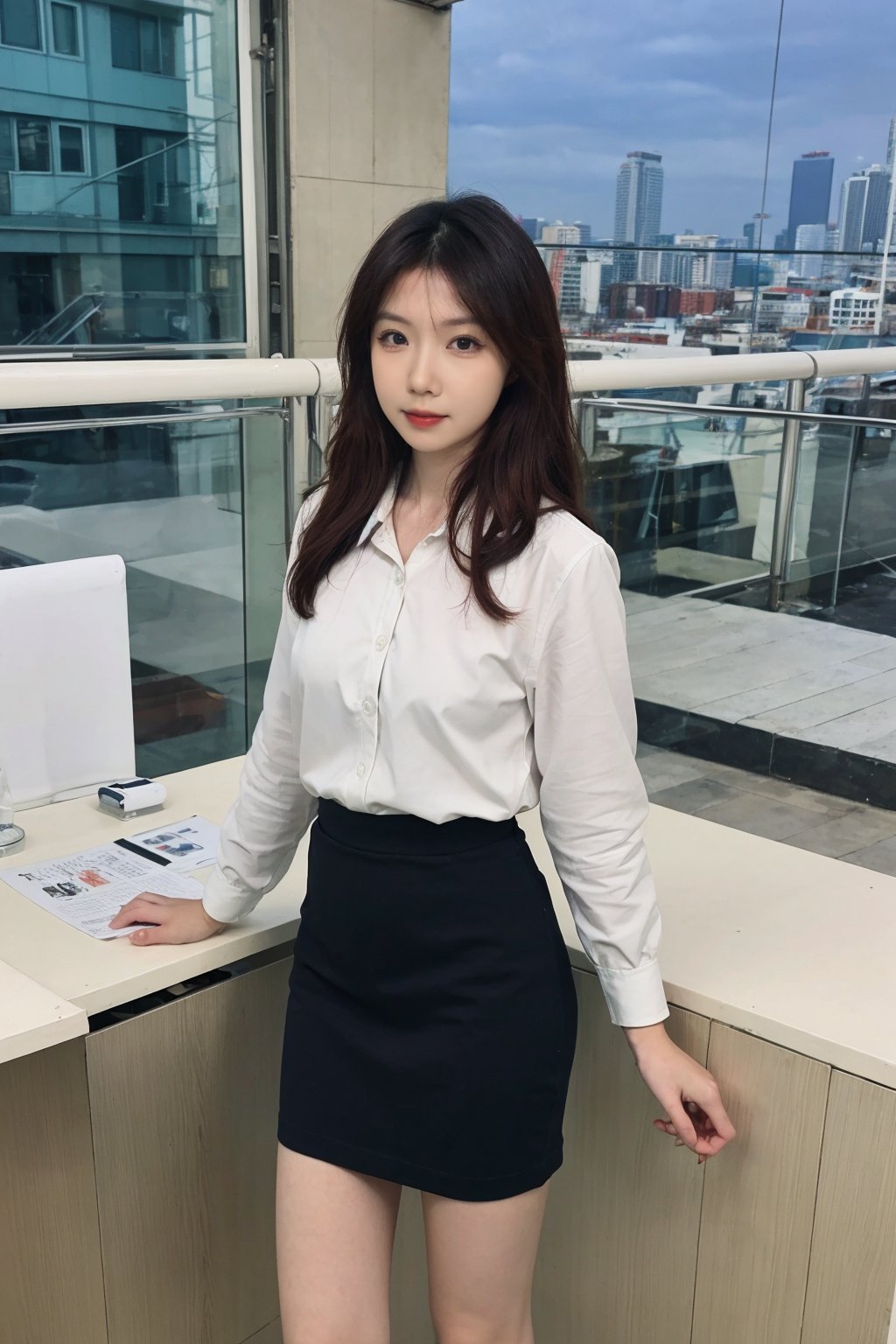 1girl, office lady, solo, (20yo), beautiful, detailed eyes, black hair, long hair, business suit, white shirt, black skirt, high heels, thighhighs, office, desk, computer, documents, window view, cityscape, beautifully detailed background, depth of field, realistic, ambient light, (cinematic composition:1.3), HDR, Accent Lighting, wide-angle lens, best quality, masterpiece