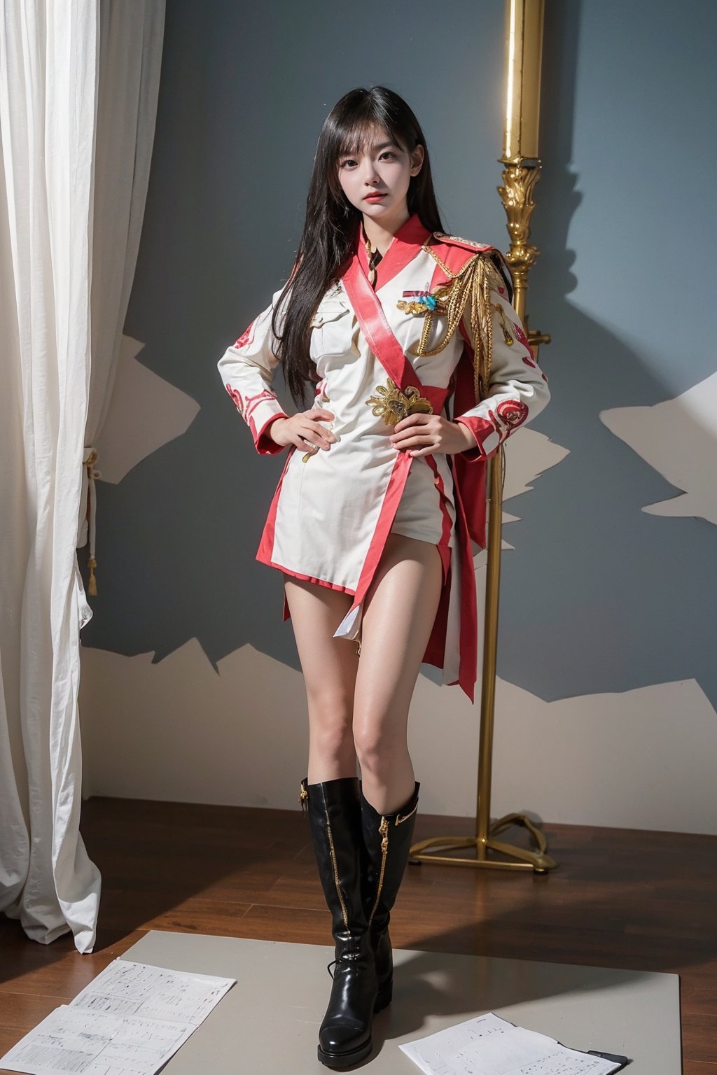 1girl, black hair, young, military general, full-body portrait, detailed uniform, (golden embroidery:1.2), epaulettes, (rank insignia:1.3), sharp eyes, determined expression, standing posture, holding a sword, (sword details:1.1), leather boots, (boot details:1.05), background suggestive of a war room, maps, strategy papers, dim lighting, realistic, depth of field, (cinematic composition:1.3), high resolution, best quality, masterpiece.