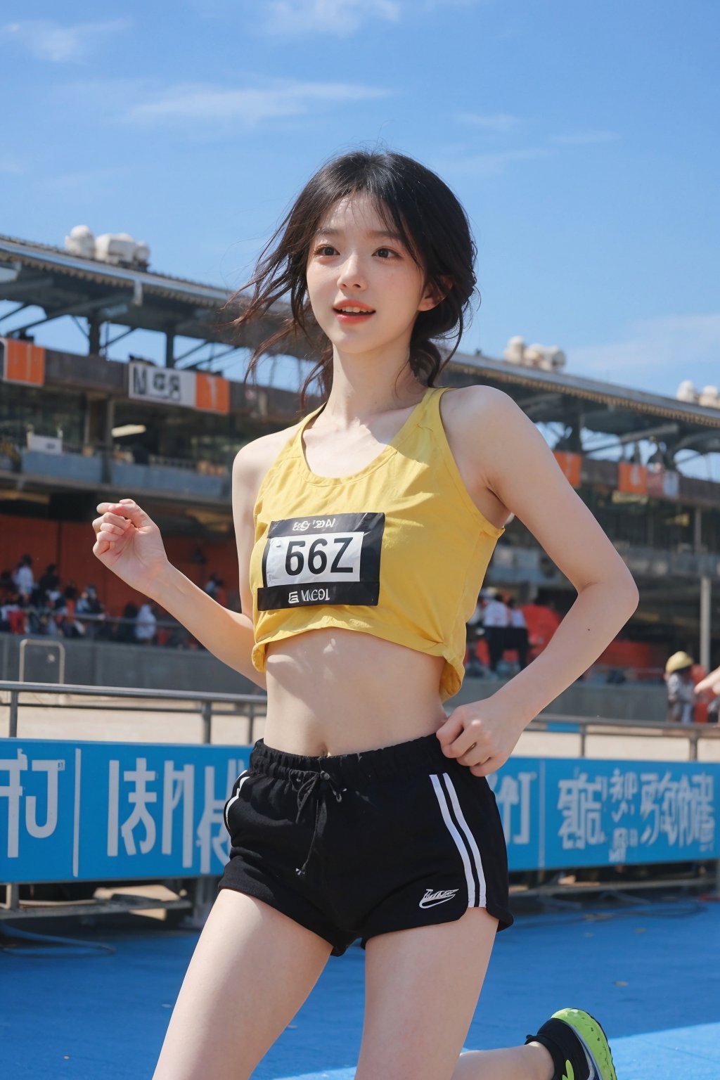 1girl, marathon runner, black hair, young, energetic, sportswear, running shoes, number bib, race track, crowd cheering, clear sky, sun shining, vibrant colors, dynamic pose, sweat detail, focused expression, (muscle tone:1.2), (skin glow:1.1), wide-angle lens, best quality, masterpiece.