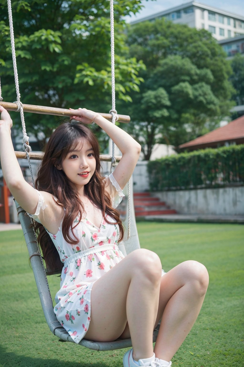 1girl, beautiful, black hair, long hair, swinging on a swing, park setting, green trees, sunny day, floral dress, white socks, pink sneakers, carefree expression, laughter, wind blowing hair, detailed skin texture, (joyful:1.2), vibrant colors, dynamic motion blur, best quality, masterpiece