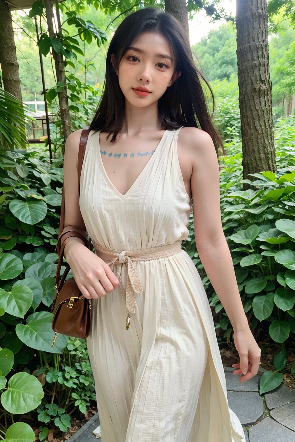 1girl, beautiful, solo, (17yo), stunning black hair, long hair, detailed eyes, walking in forest, green trees, sunlight filtering through leaves, colorful wildflowers, peaceful atmosphere, serene expression, flowy summer dress, barefoot, natural makeup, surrounded by nature, vibrant colors, depth of field, realistic, ambient light, (cinematic composition:1.2), wide-angle lens, best quality, masterpiece.