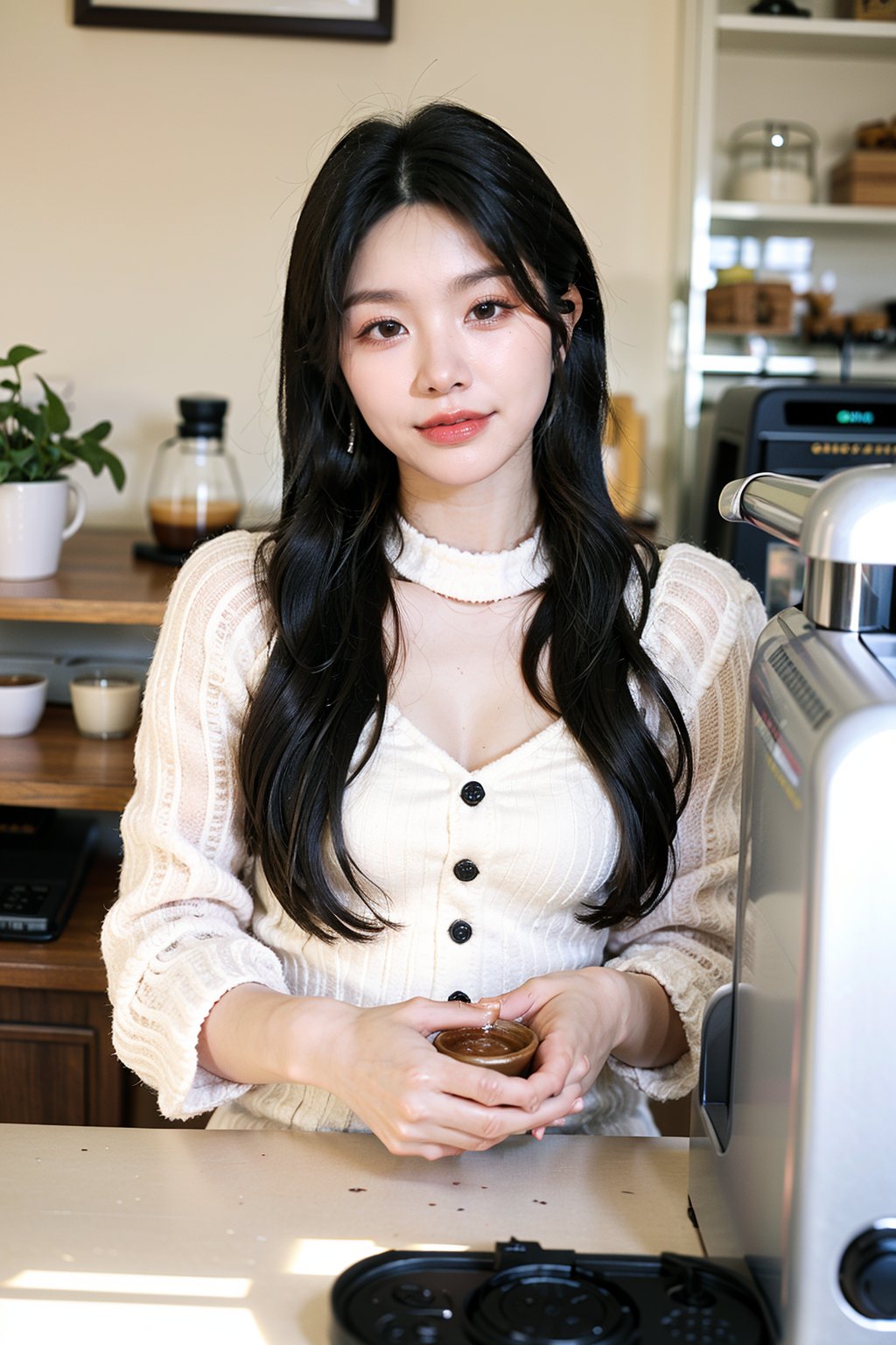 1girl, beautiful, black hair, long hair, smiling, coffee shop, sitting, (20yo:1.3), detailed eyes, light blush, white dress, (flowers in hair:1.1), looking at viewer, counter, espresso machine, cups, pastries, warm lighting, cosy atmosphere, beautifully detailed background, realistic, ambient light, (cinematic composition:1.3), HDR, Accent Lighting, wide-angle lens, best quality, masterpiece.