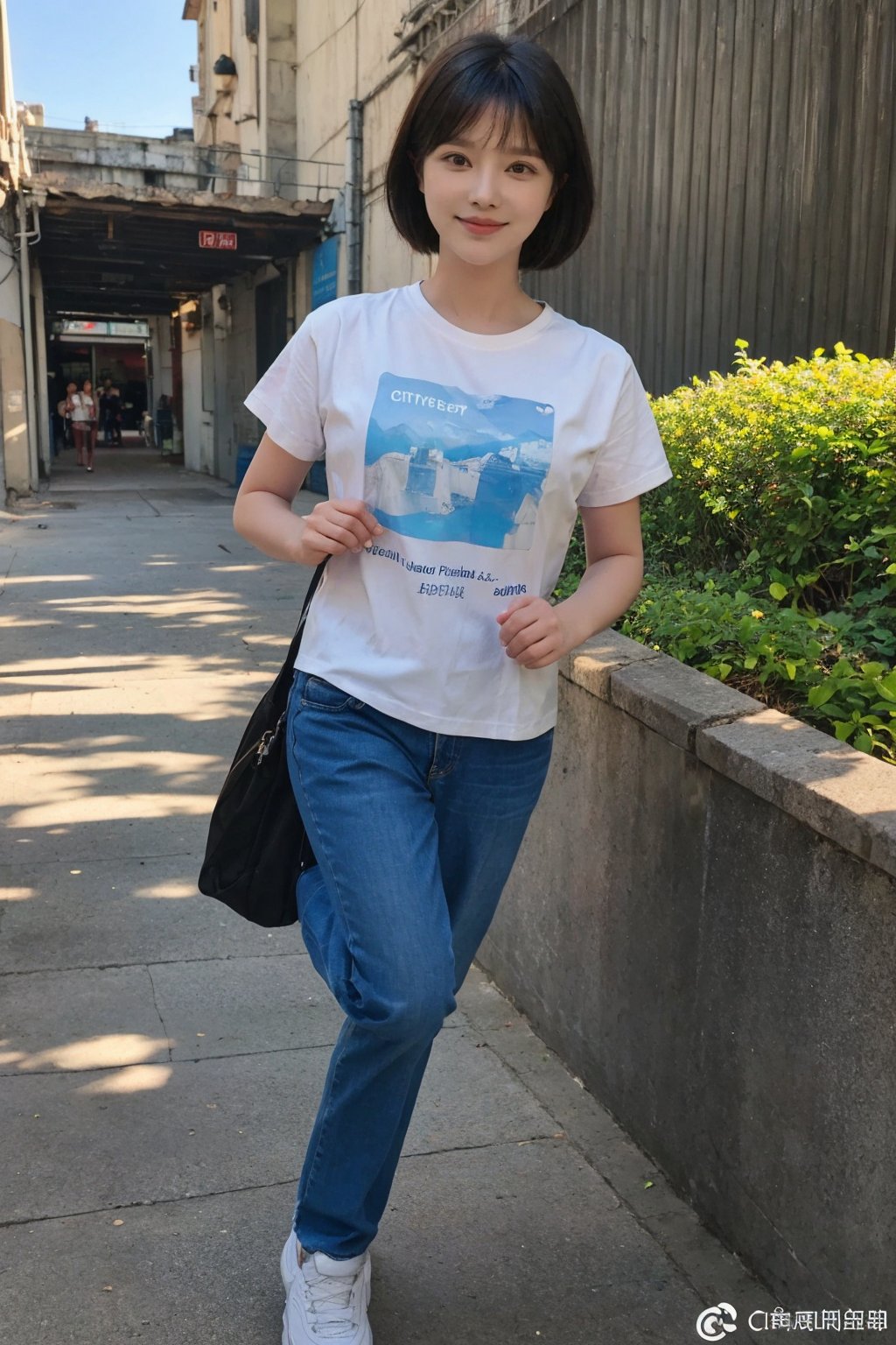 1girl, black hair, running, street, dynamic pose, (20yo), casual wear, short hair, bright eyes, looking forward, sneakers, jeans, t-shirt, city background, daytime, sunlight, realistic, ambient light, (cinematic composition:1.3), wide-angle lens, best quality, masterpiece