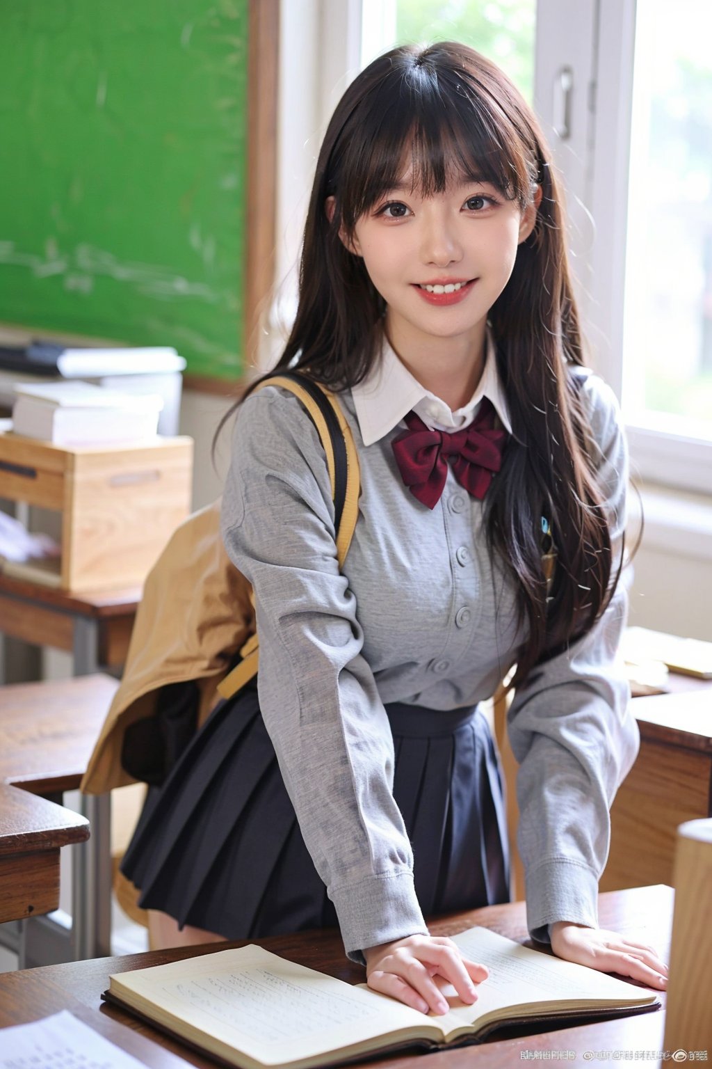 1girl, school uniform, beautiful, black hair, long hair, detailed eyes, looking at viewer, classroom setting, desk, smile,books, chalkboard, sunlight from window, (school bag:1.2), (uniform:1.3), high quality, masterpiece