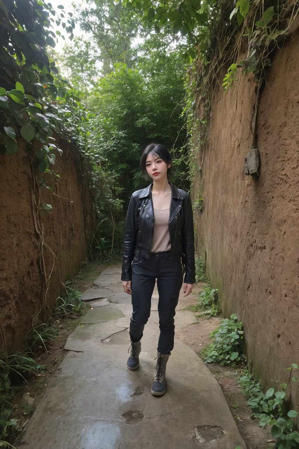 1girl, black hair, young, adventurer, exploring, outdoor, tunnel, wilderness, (leather jacket:1.2), (cargo pants:1.1), hiking boots, backpack, headlamp, (dust:0.8), (cobwebs:0.9), mysterious atmosphere, dim light, damp walls, rocky terrain, (moss:1.0), (vines:1.0), best quality, masterpiece