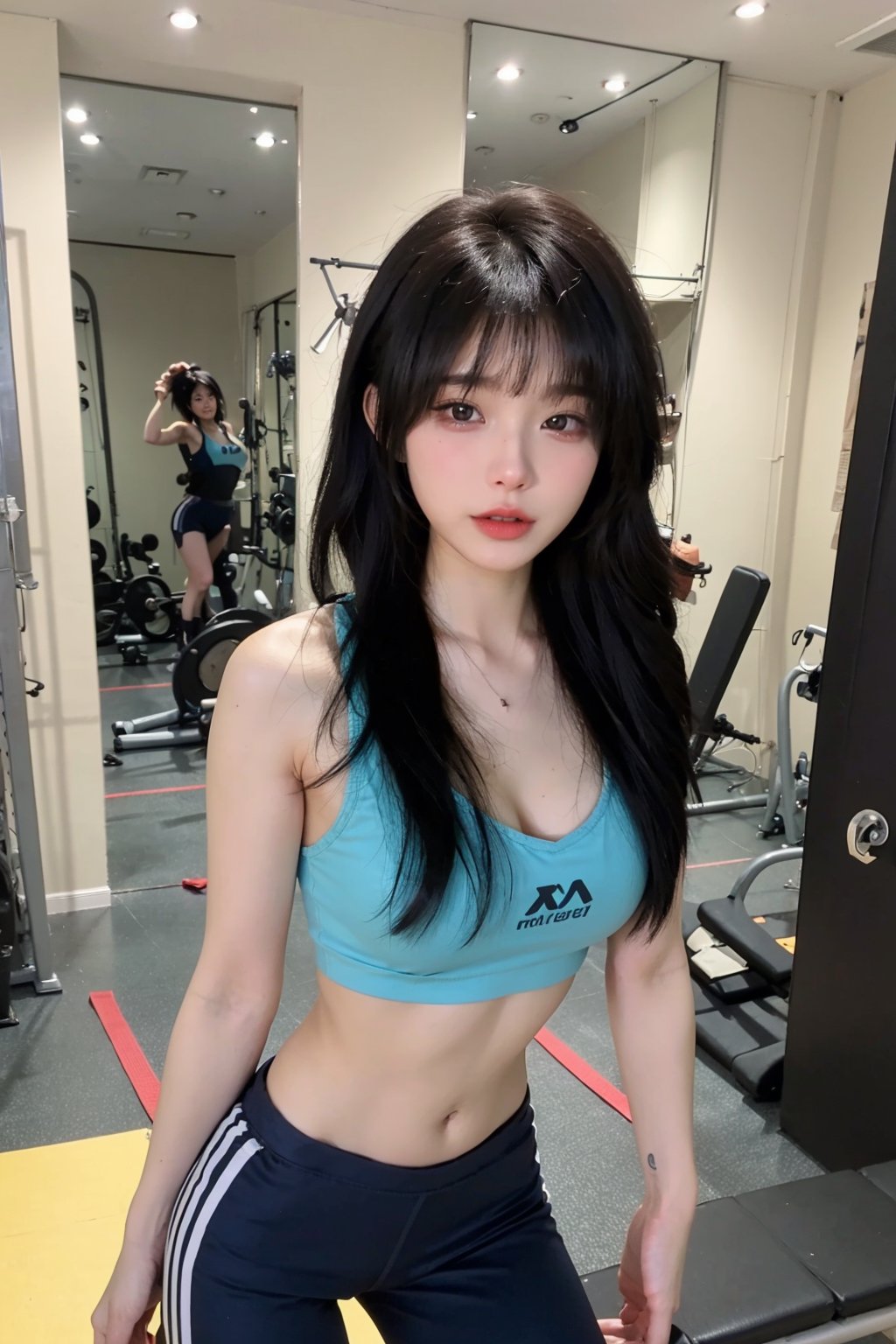 1girl, black hair, young, (Cleavage), beautiful, detailed eyes, workout outfit, standing, gym, dumbbells, yoga mat, mirror background, bright lighting, (cinematic composition:1.3), HDR, Accent Lighting, wide-angle lens, best quality, masterpiece.